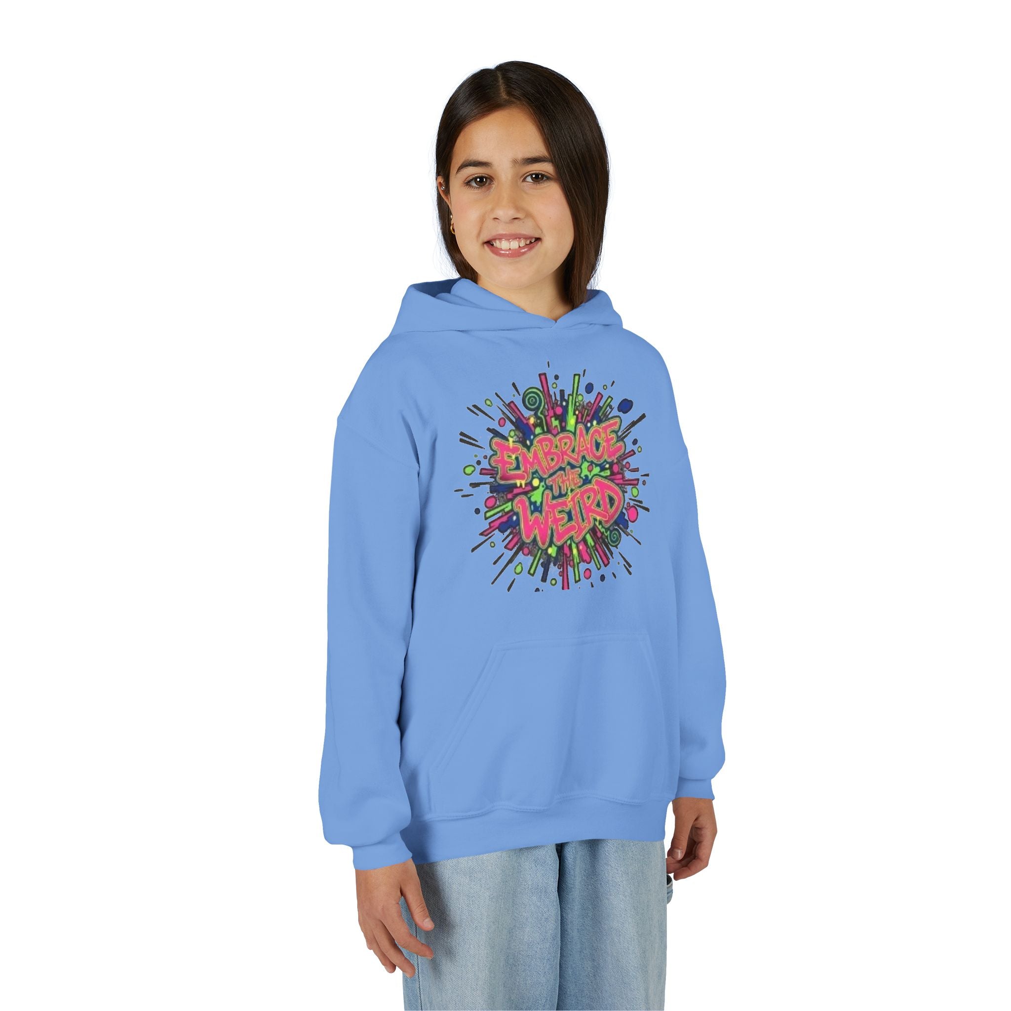 Youth Hoodie — "Embrace the Weird" Colorful Graffiti Graphic