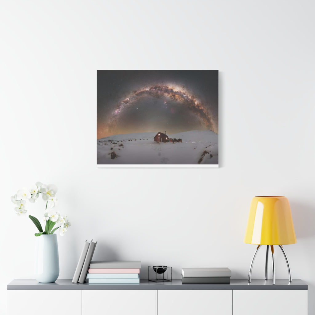 Milky Way Over Snowy Cabin — Matte Stretched Canvas Wall Art