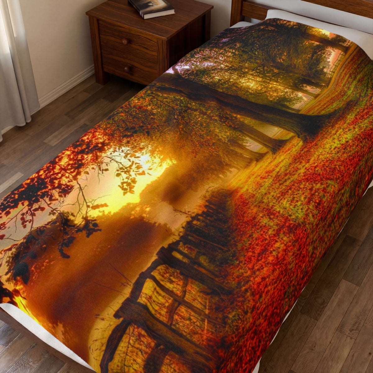Velveteen Plush Blanket – Golden Autumn Forest Sunset Landscape