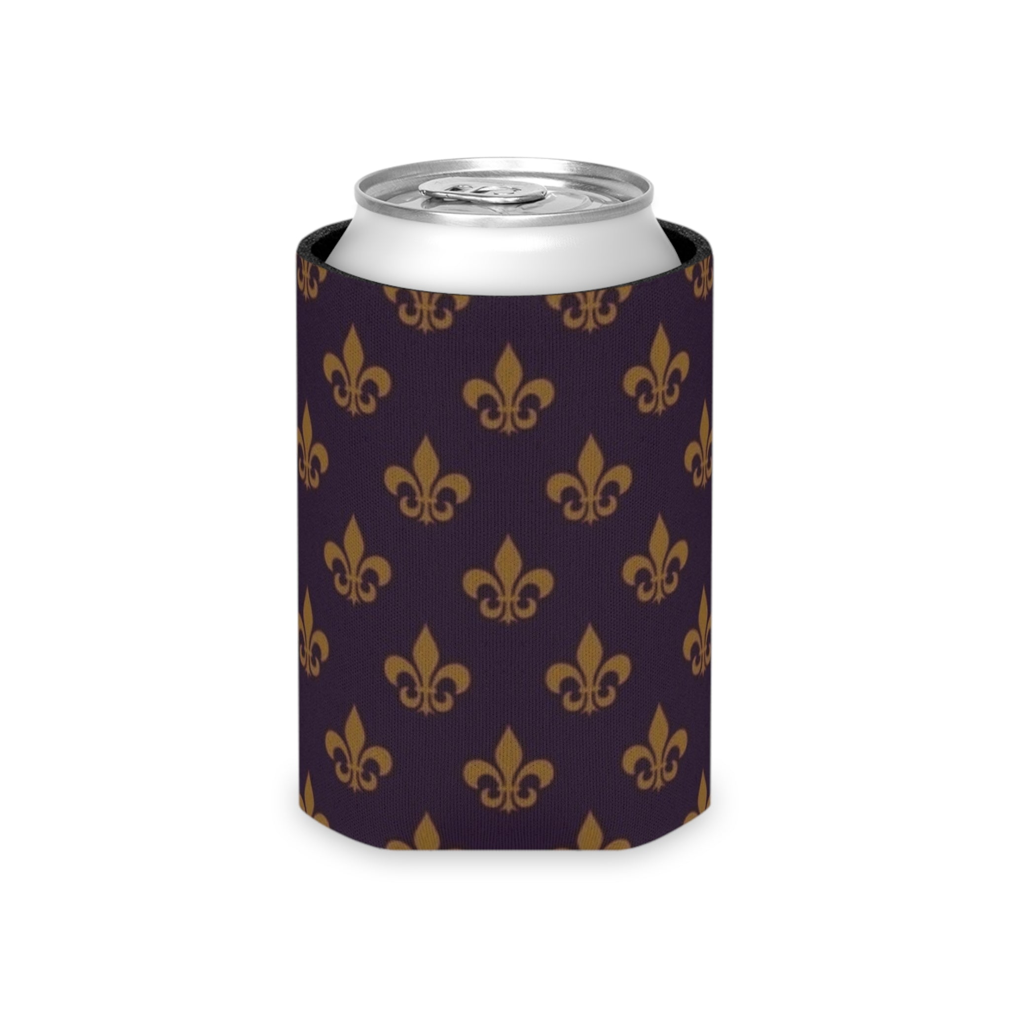 Fleur-de-Lis Can Cooler – Gold on Deep Purple Beverage Koozie