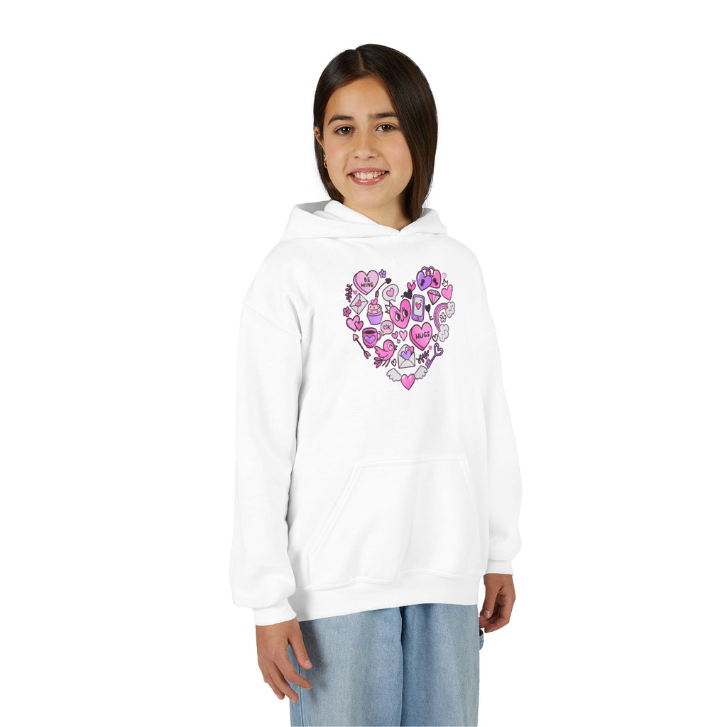 Youth Heart Doodle Hoodie — Pink Valentine Love Graphic Sweatshirt