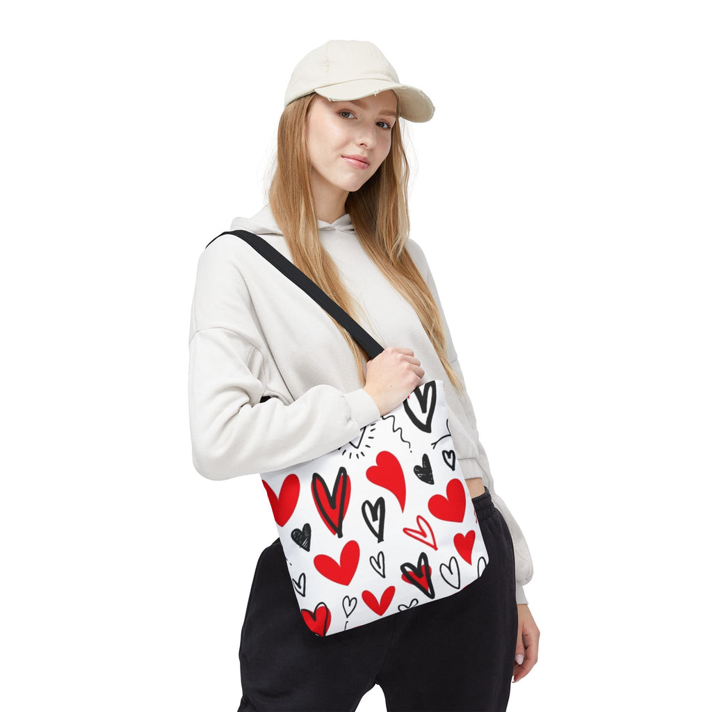 Heart Pattern Tote Bag — Red & Black Doodle Hearts All-Over Print