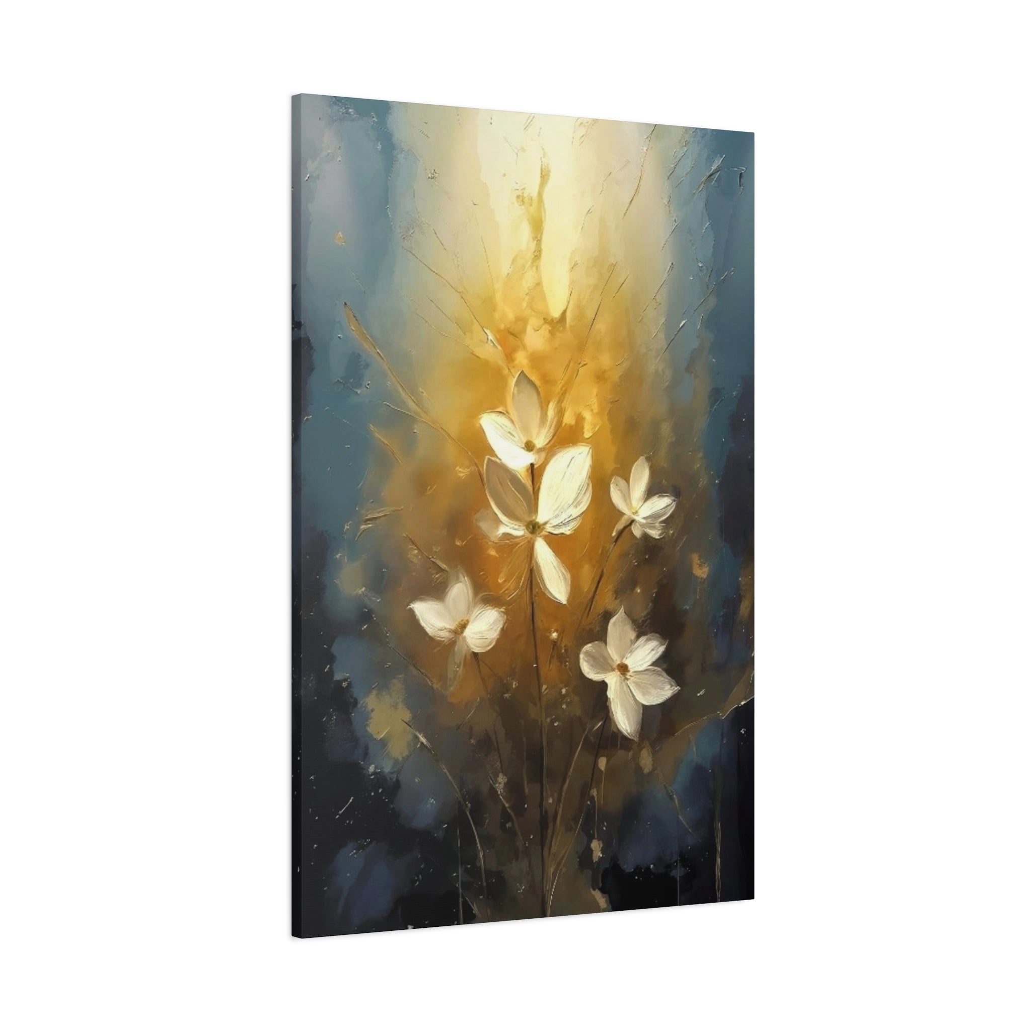 Golden Floral Canvas Print – Abstract White Flowers on Matte Stretched Canvas