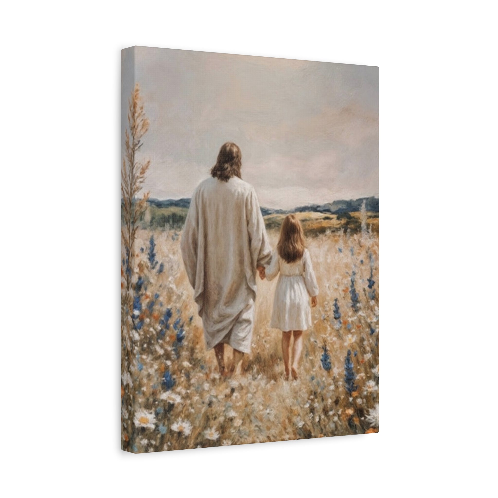 Jesus and Child Walking in Field Canvas Art - Religious Wall Decor
