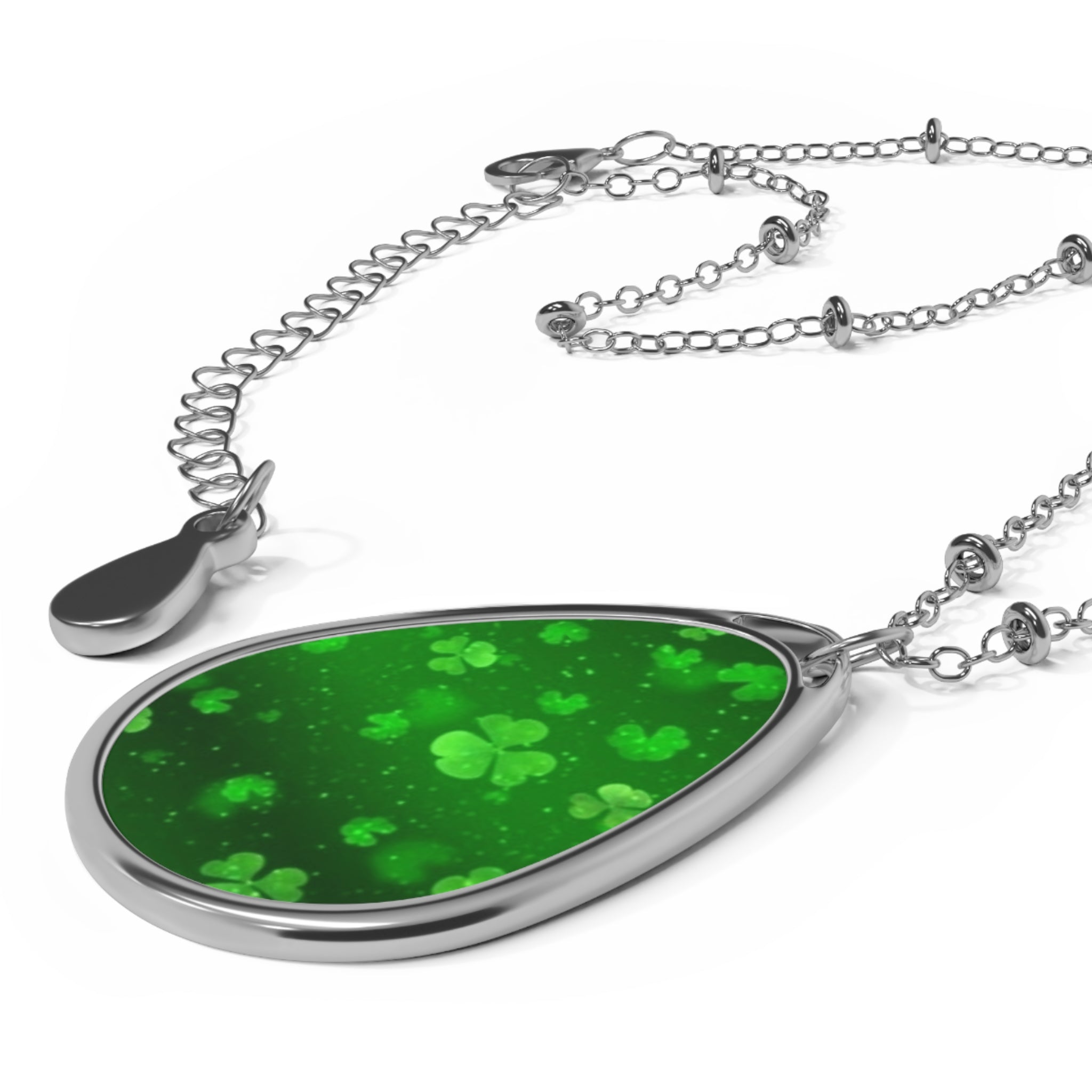 St. Patrick’s Day Oval Pendant Necklace — Green Shamrock Teardrop Locket