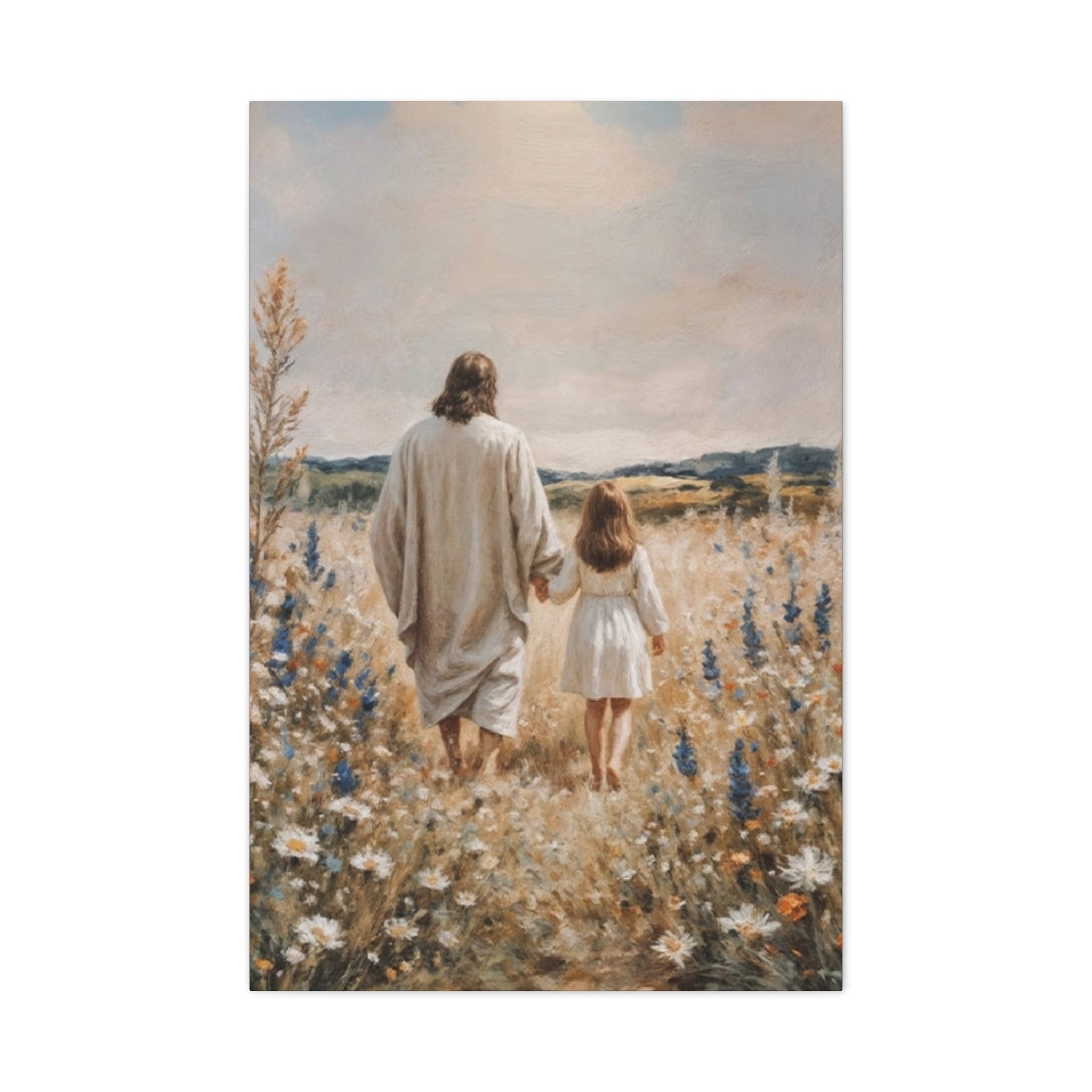 Jesus and Child Walking in Field Canvas Art - Religious Wall Decor