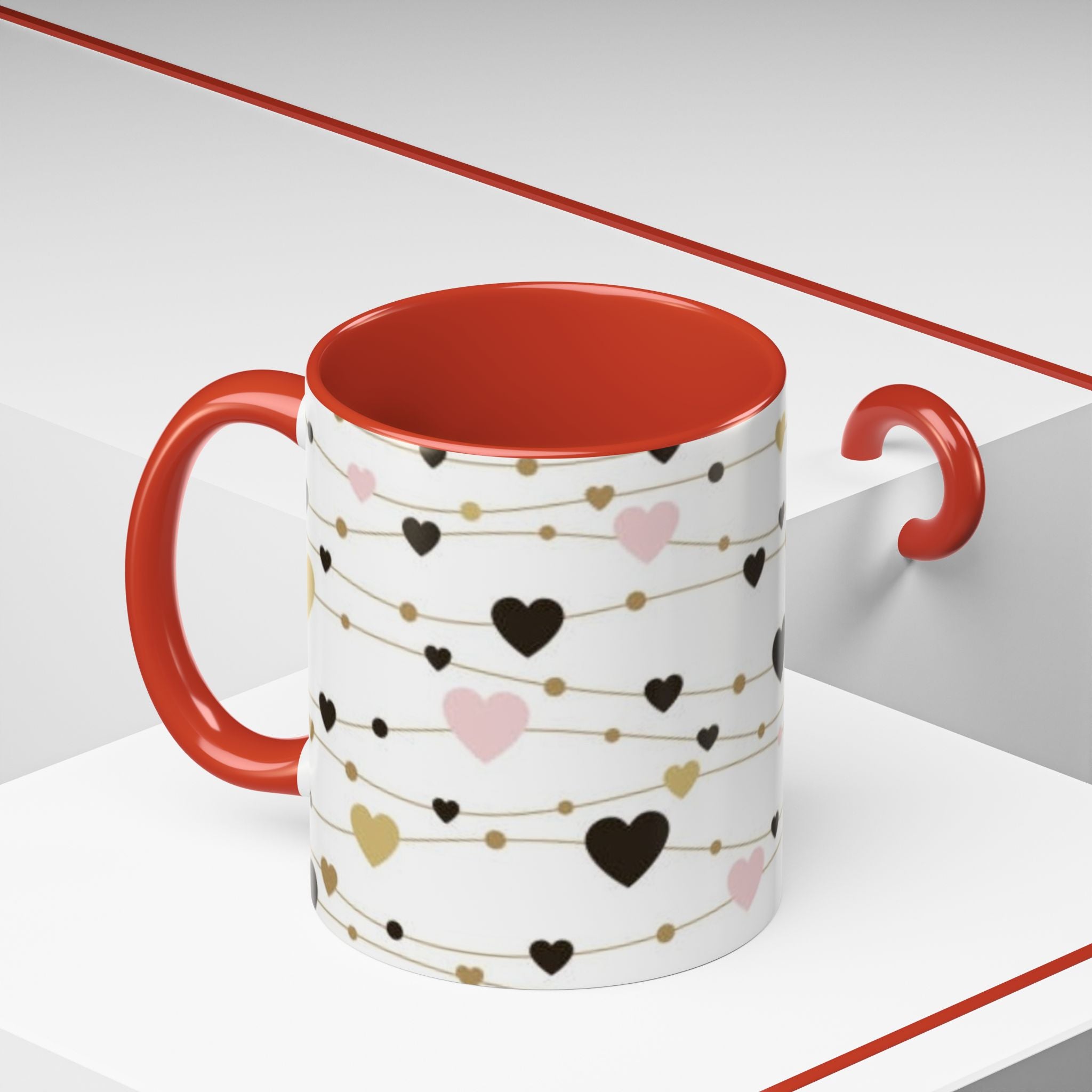 Heart Garland Accent Coffee Mug — Pink & Gold Valentine Ceramic