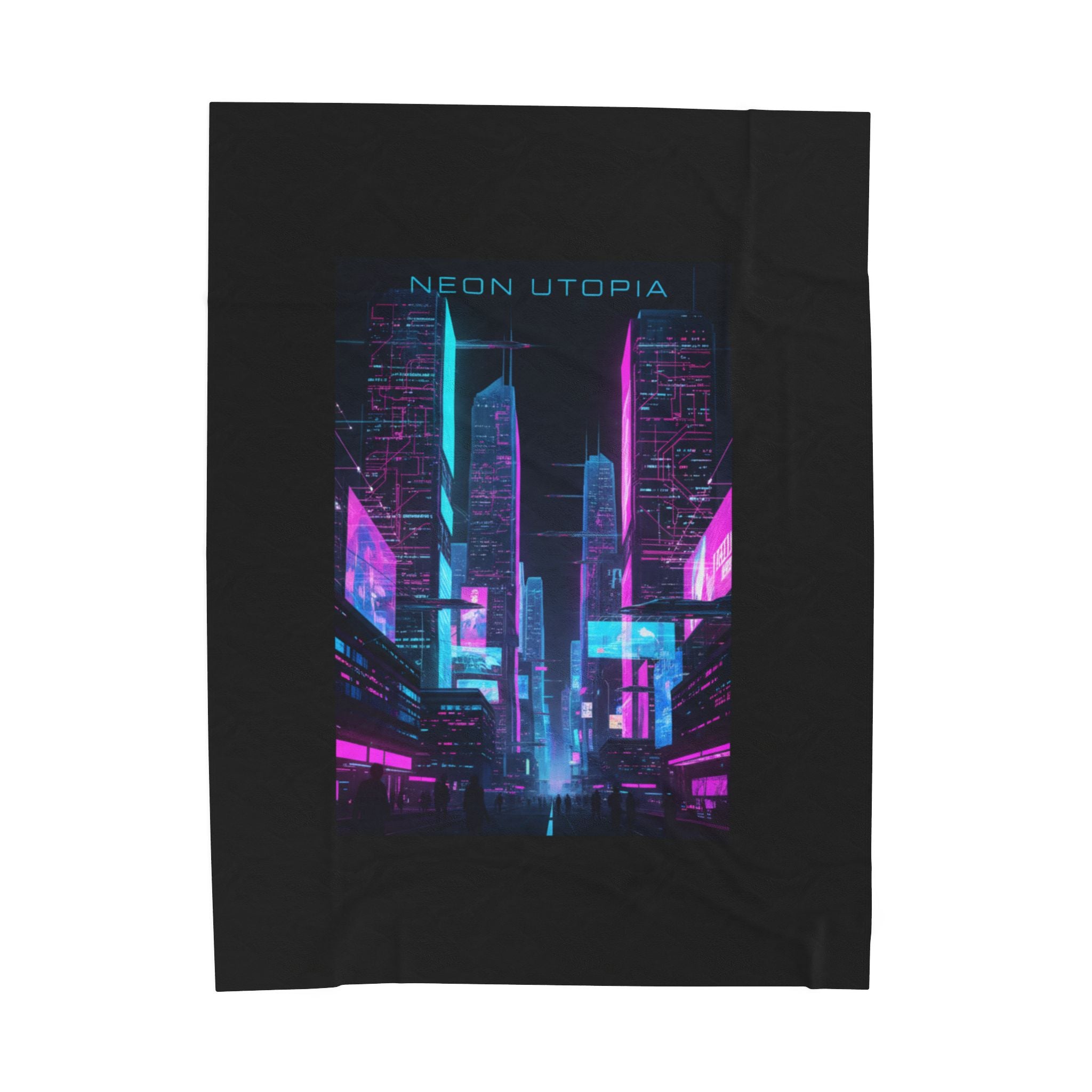 Neon Utopia Cyberpunk Skyline Velveteen Plush Blanket | synthwave cityscape, neon aesthetic