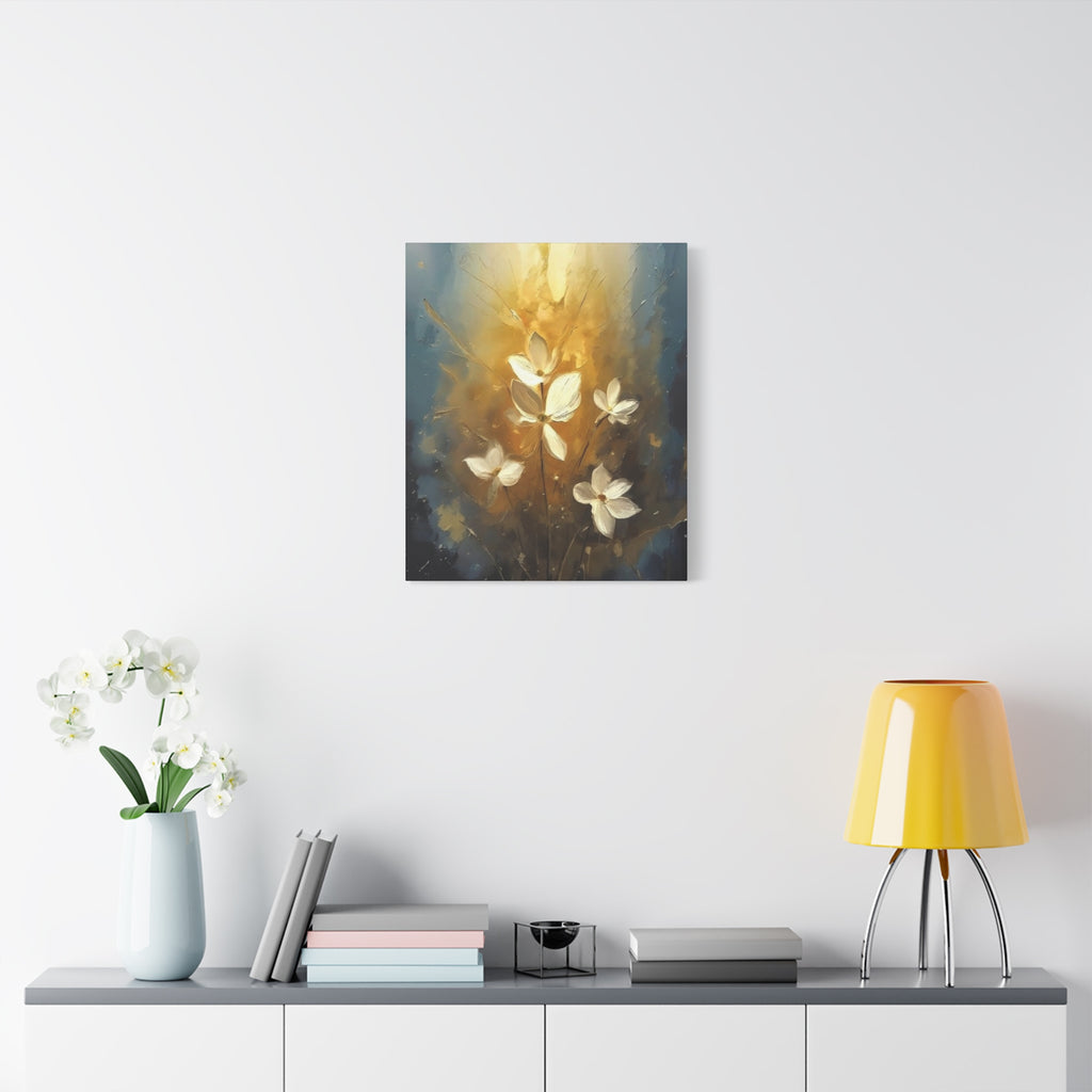 Golden Floral Canvas Print – Abstract White Flowers on Matte Stretched Canvas