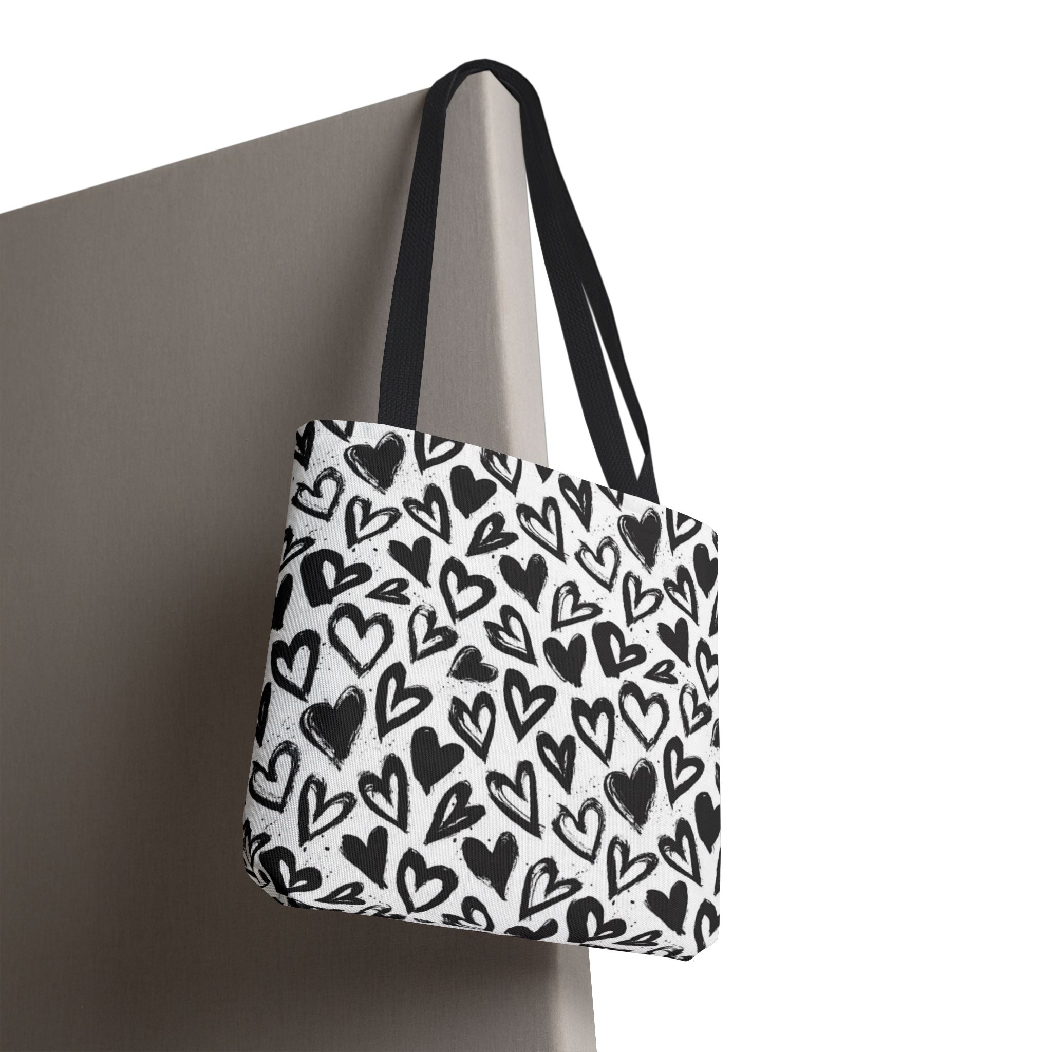 Heart Pattern Tote Bag — Black & White Hand-Drawn Hearts All-Over Print