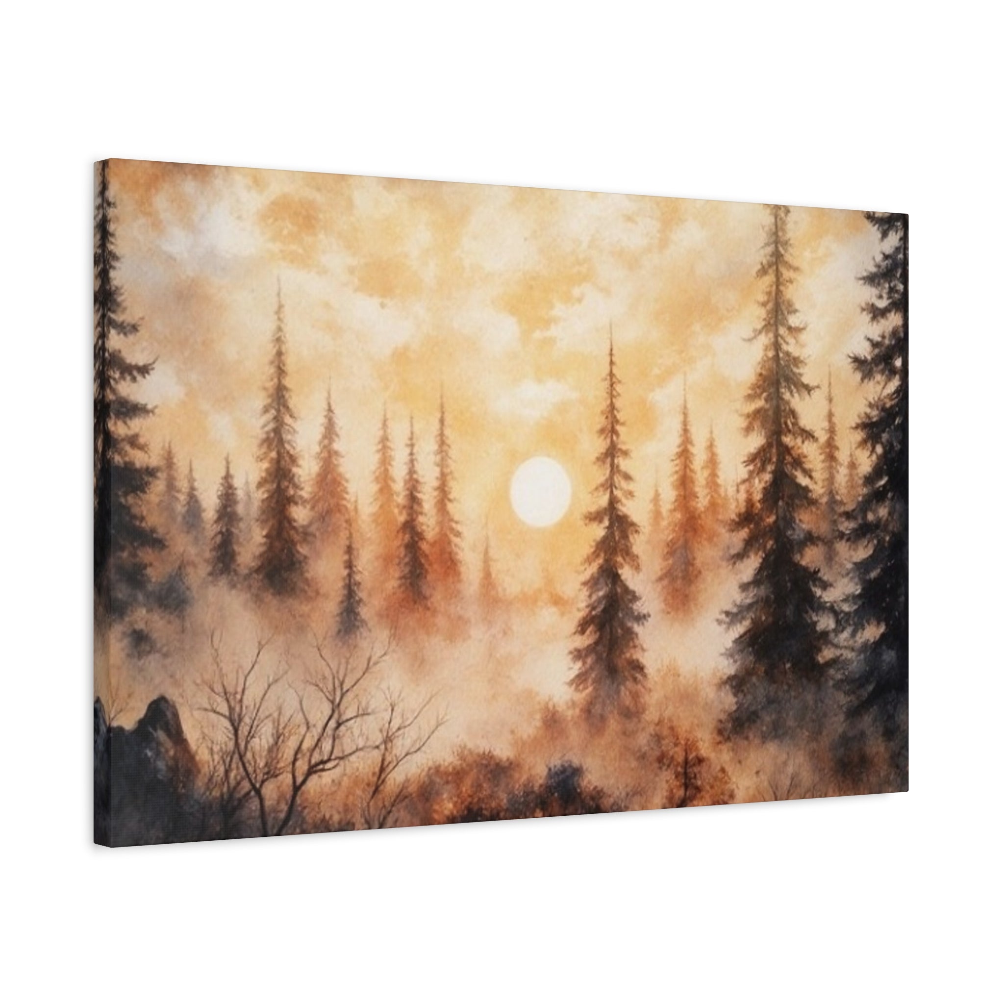 Canvas Wall Art - Misty Pine Forest Sunrise Matte Stretched Canvas