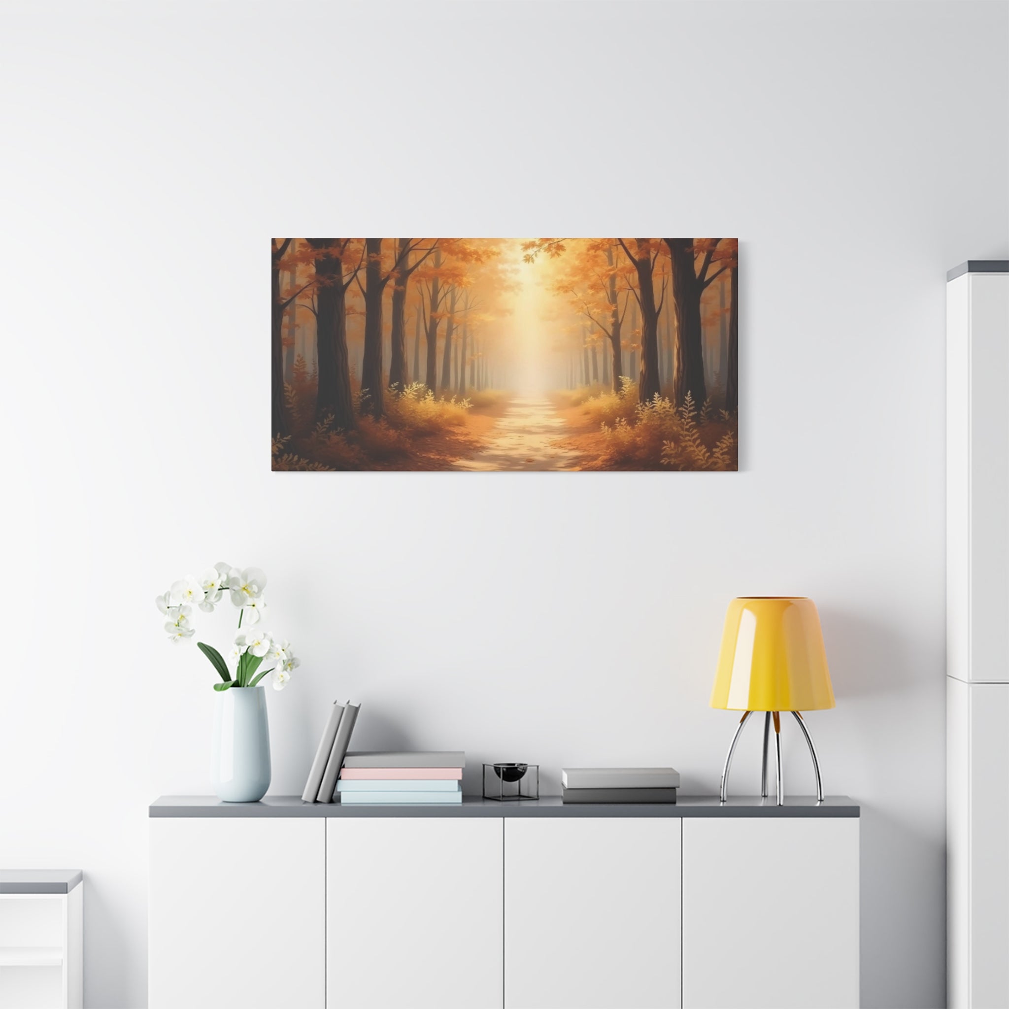 Autumn Forest Path Matte Canvas Wall Art — Golden Sunlit Woodland Scene