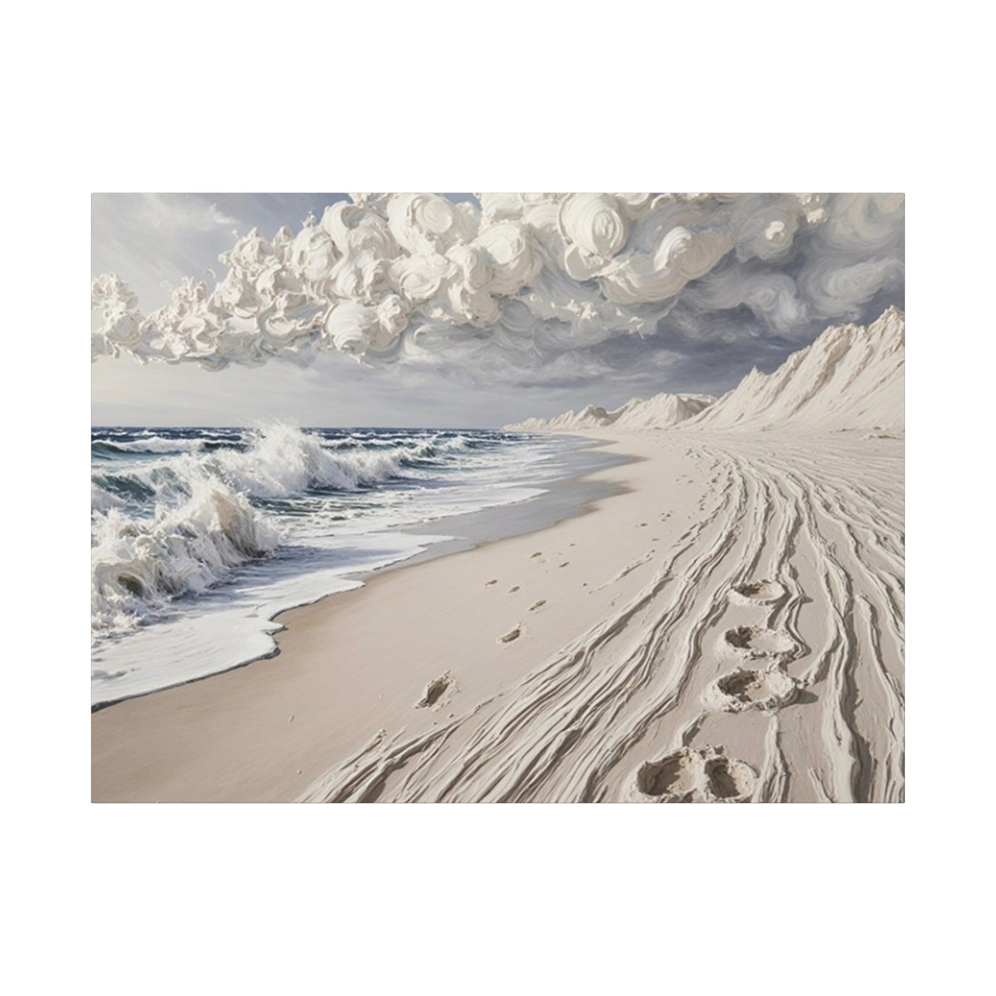 Coastal Serenity Matte Canvas Wall Art — Ocean Waves & Sandy Footprints