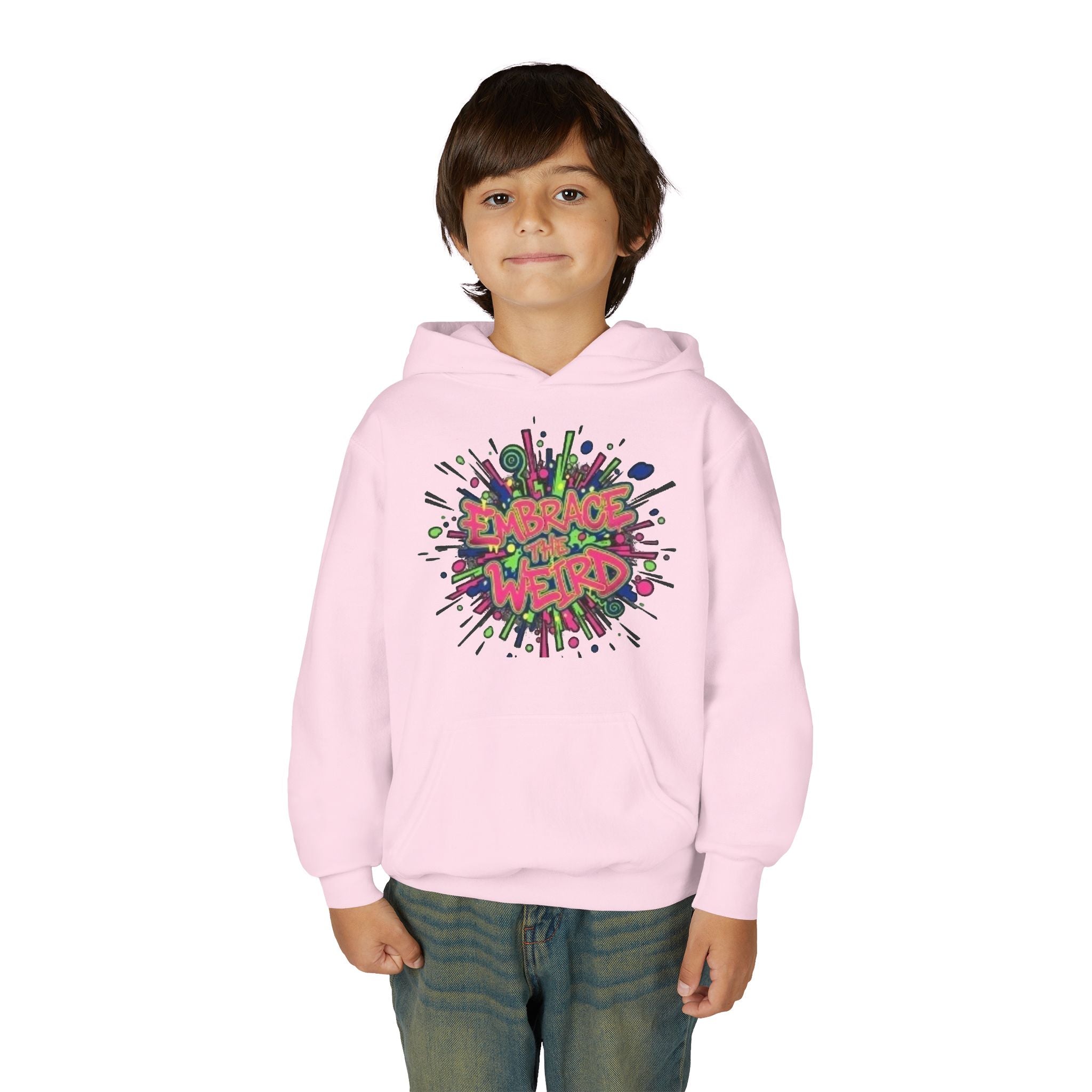 Youth Hoodie — "Embrace the Weird" Colorful Graffiti Graphic