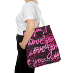 Love You Script Pattern Tote Bag – Pink Graffiti All-Over Print
