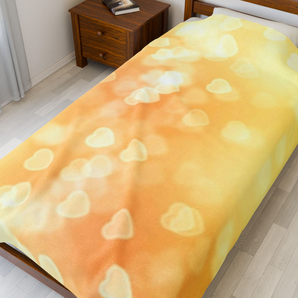 Golden Heart Bokeh Velveteen Plush Blanket — Cozy Soft Throw for Valentine’s & Home