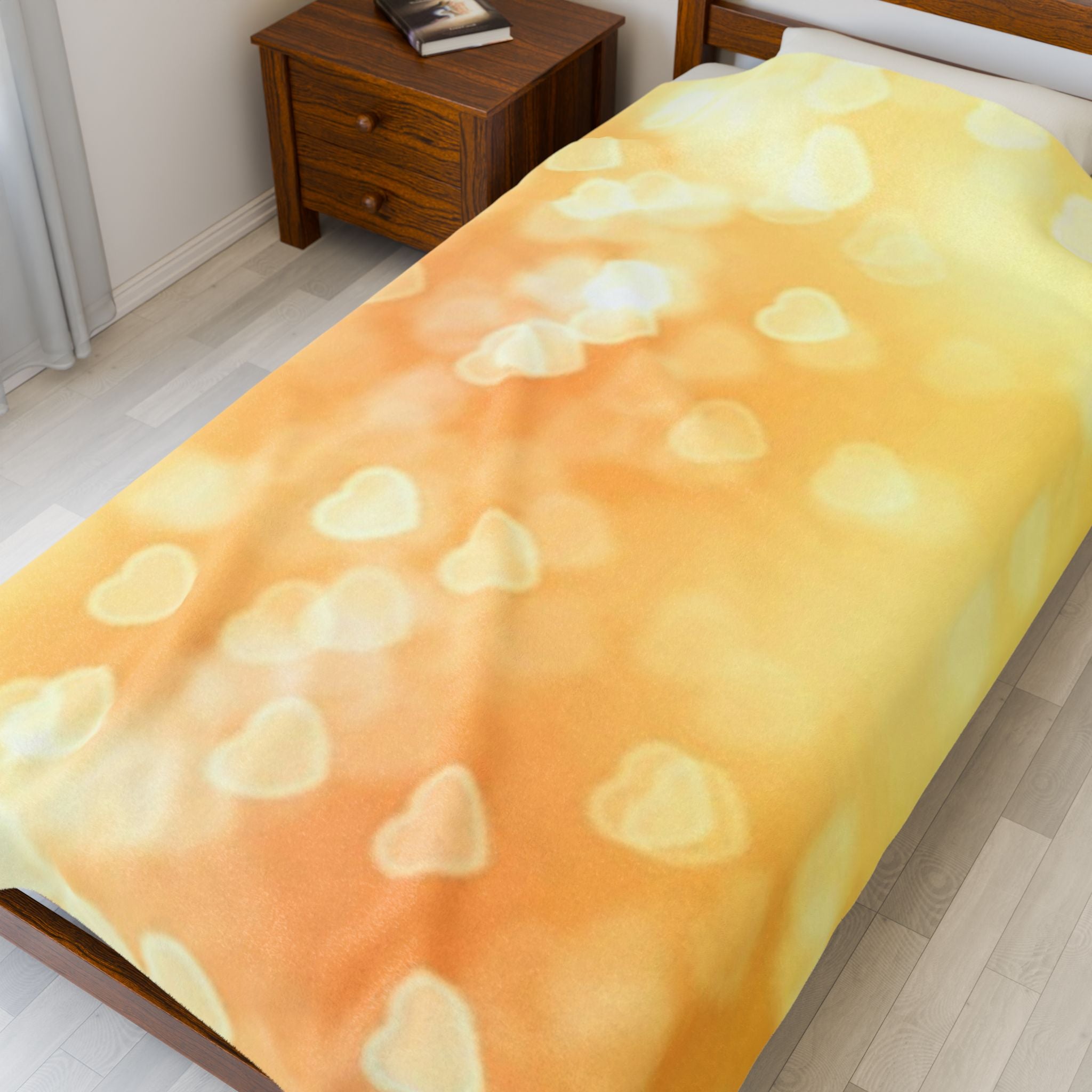 Golden Heart Bokeh Velveteen Plush Blanket — Cozy Soft Throw for Valentine’s & Home