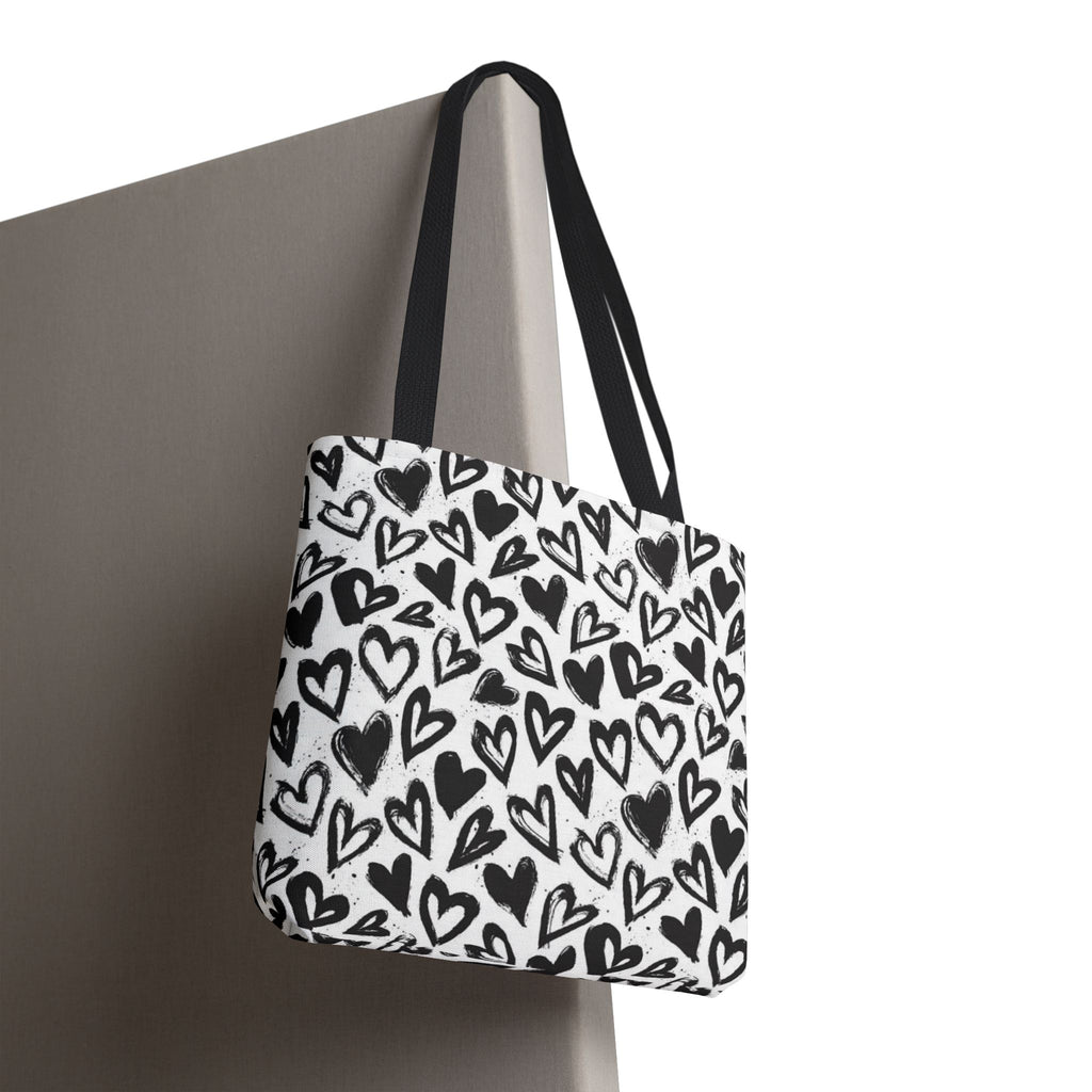 Heart Pattern Tote Bag — Black & White Hand-Drawn Hearts All-Over Print