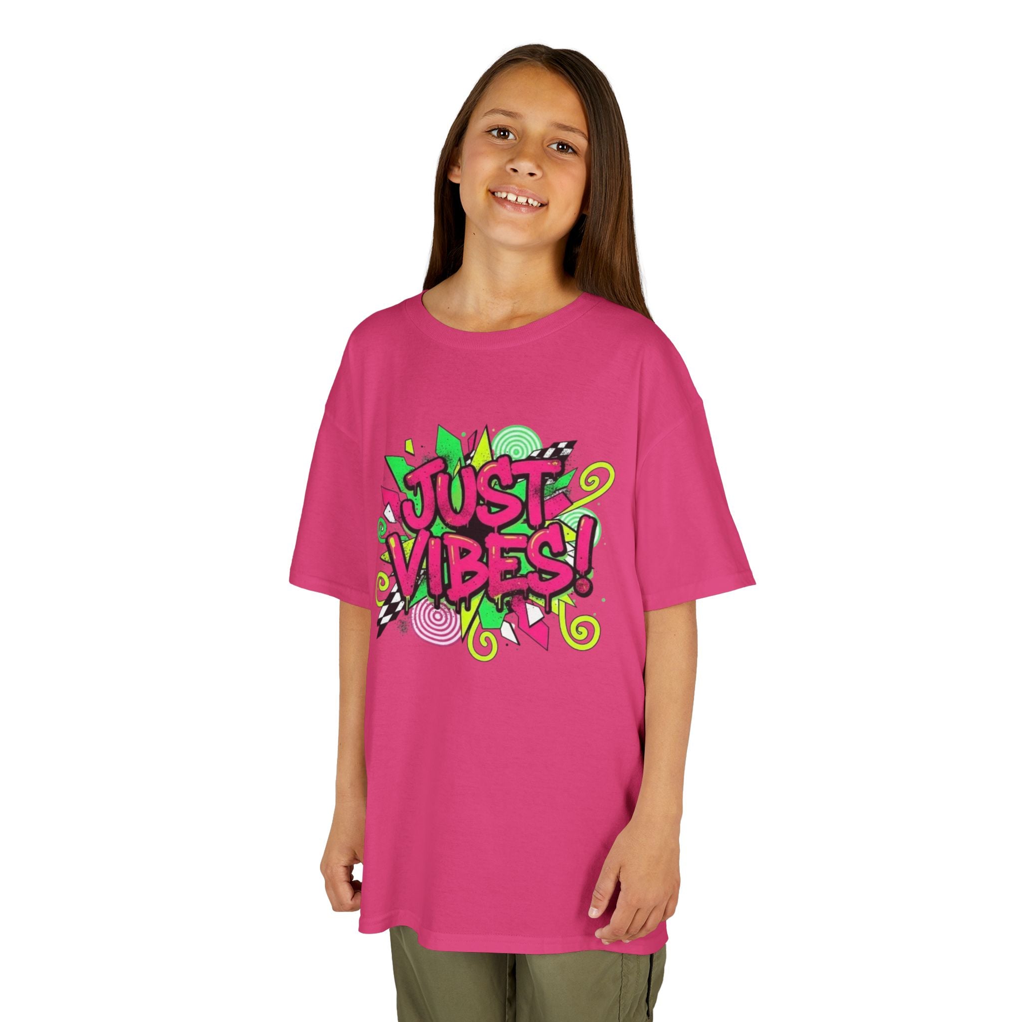 Kids T‑Shirt — "Just Vibes" Neon Graffiti Graphic Tee for Playful, Trendy Kids