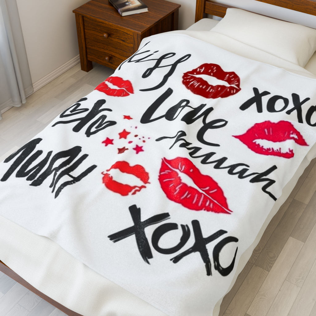 Velveteen Plush Blanket — XOXO Love Kiss Pattern, Romantic Valentine’s Throw