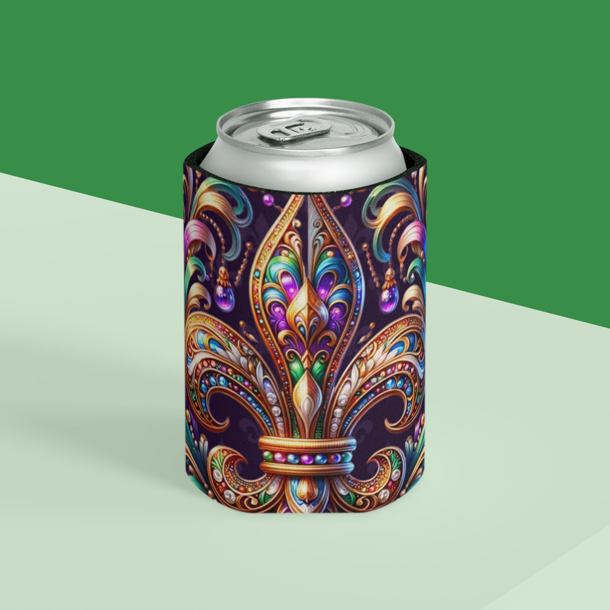 Fleur-de-Lis Can Cooler – Jewel-Tone Mardi Gras Beverage Koozie