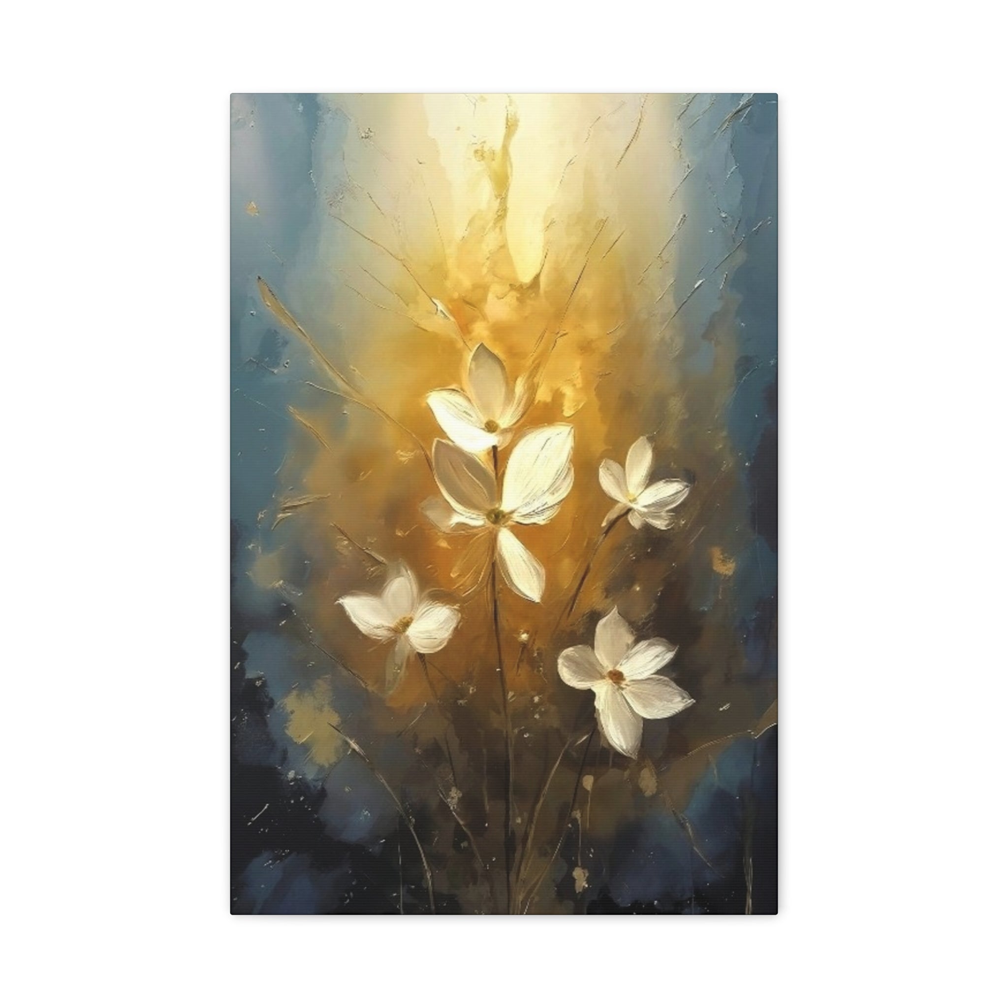 Golden Floral Canvas Print – Abstract White Flowers on Matte Stretched Canvas