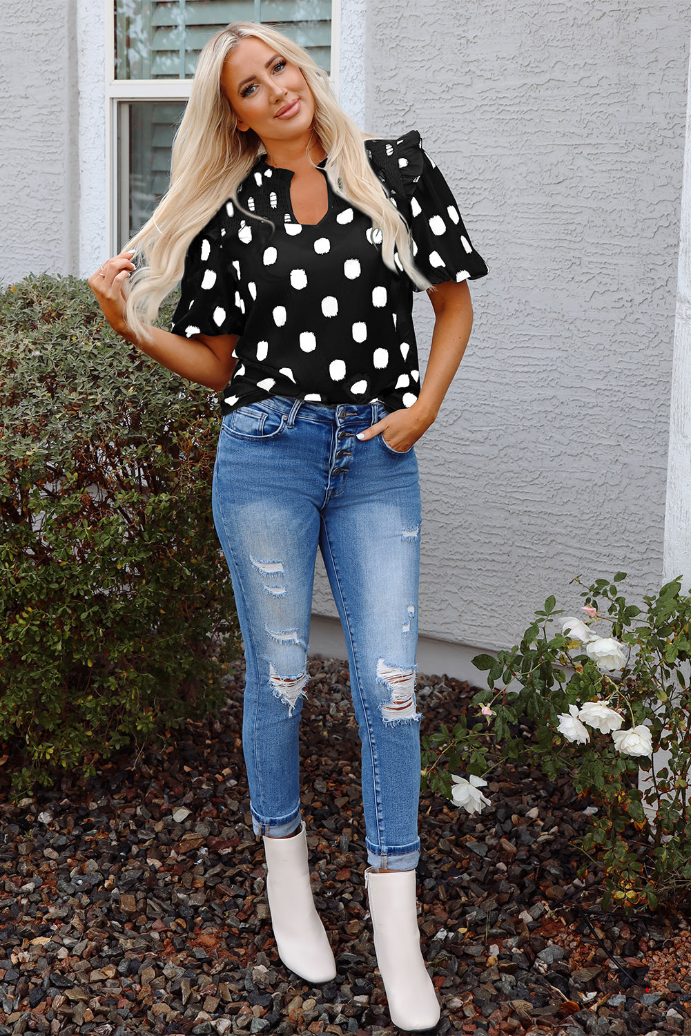 Pola Dot Balloon Sleeve Blouse
