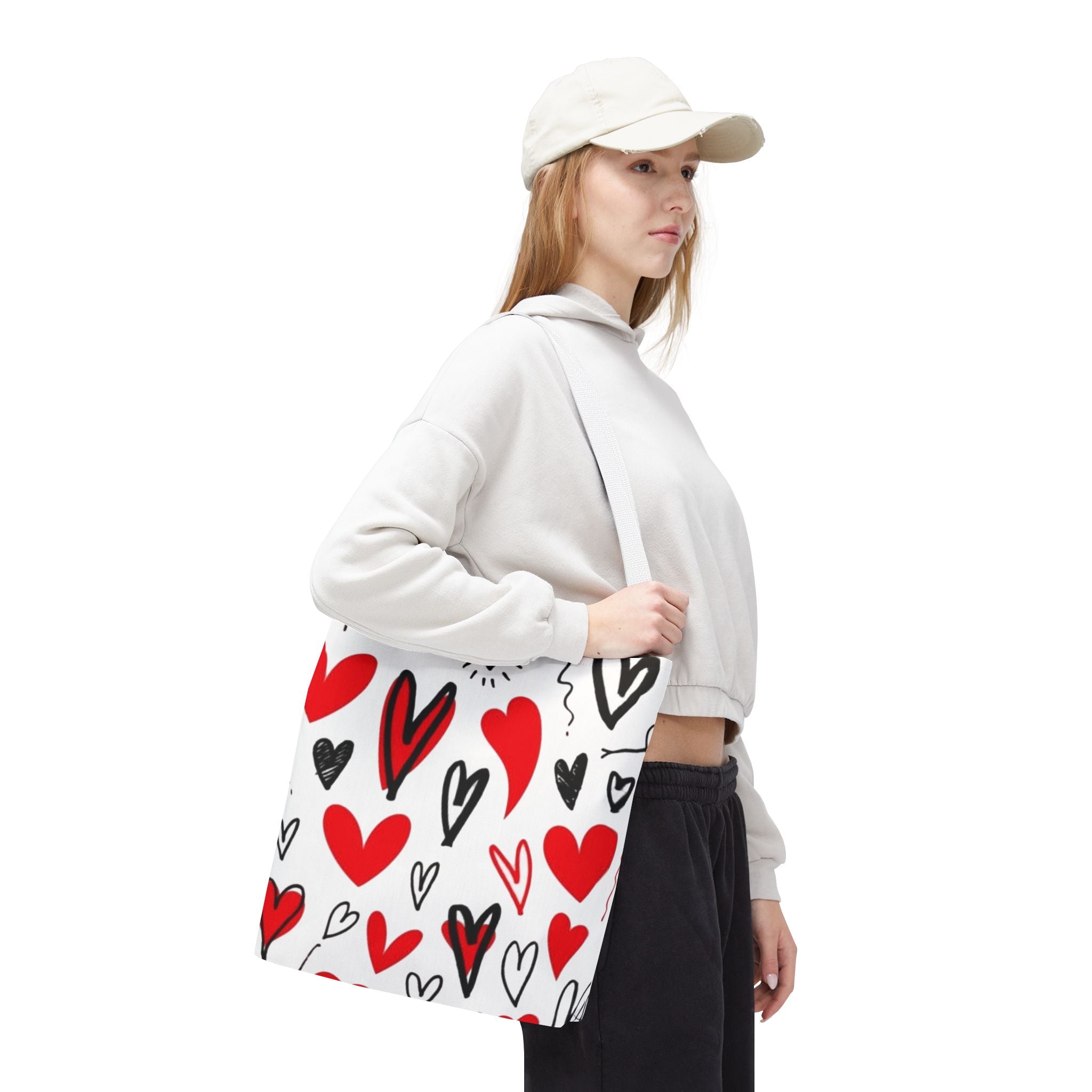 Heart Pattern Tote Bag — Red & Black Doodle Hearts All-Over Print