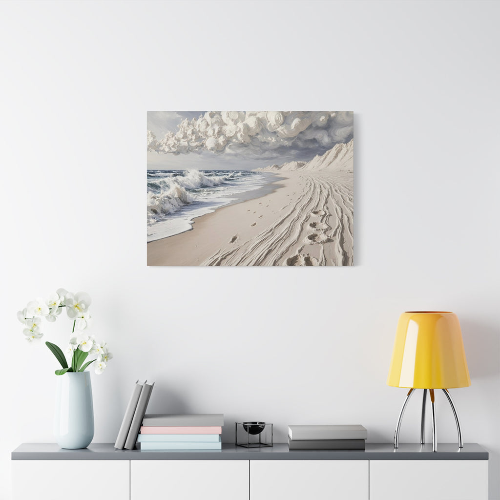 Coastal Serenity Matte Canvas Wall Art — Ocean Waves & Sandy Footprints