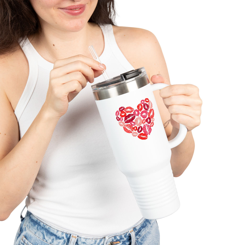 40oz Insulated Travel Mug — Pink Lipstick Kiss Heart Design