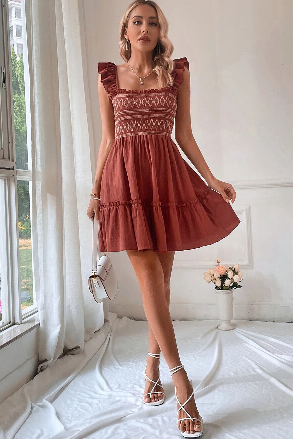 Ruffled Short Sleeve Mini Dress