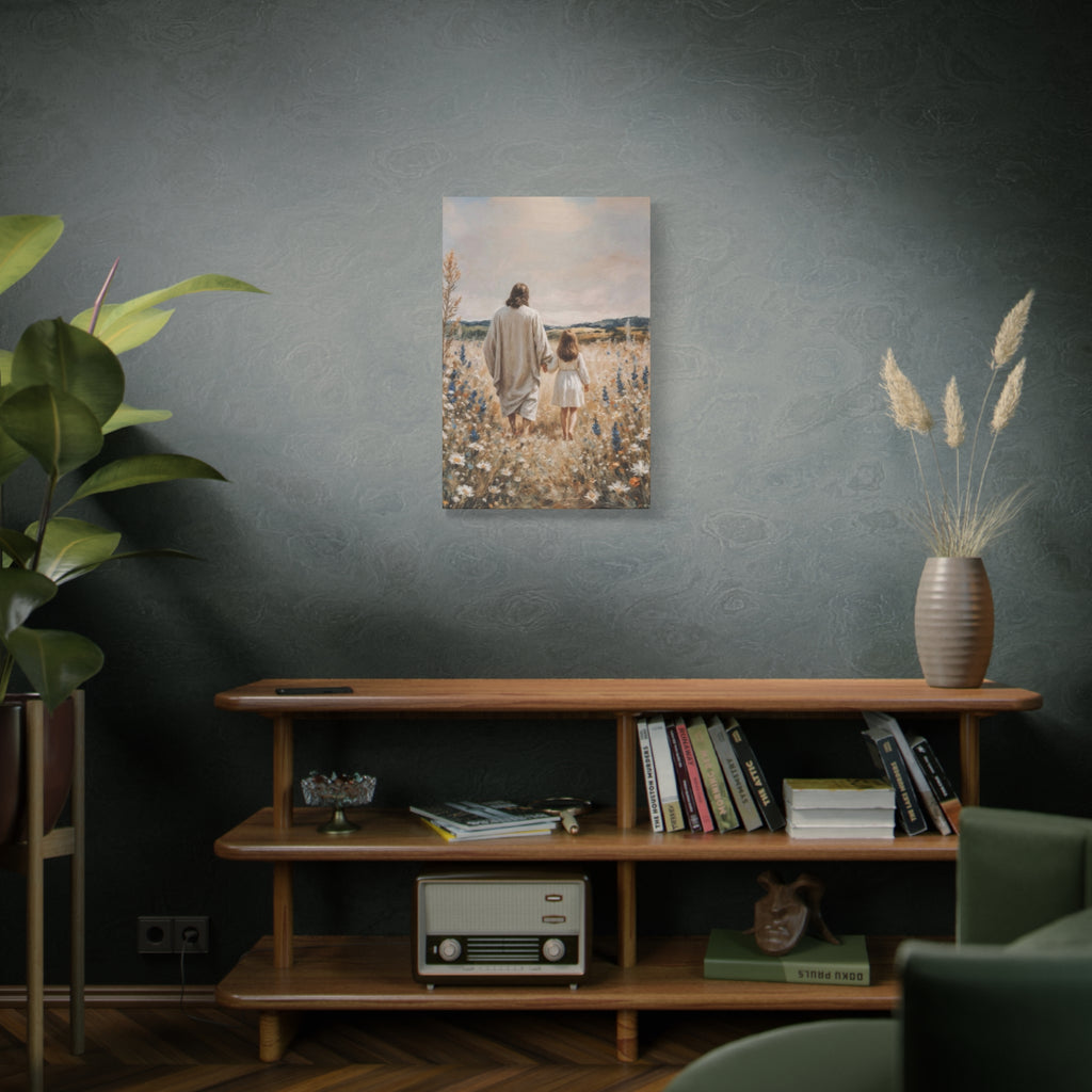 Jesus and Child Walking in Field Canvas Art - Religious Wall Decor