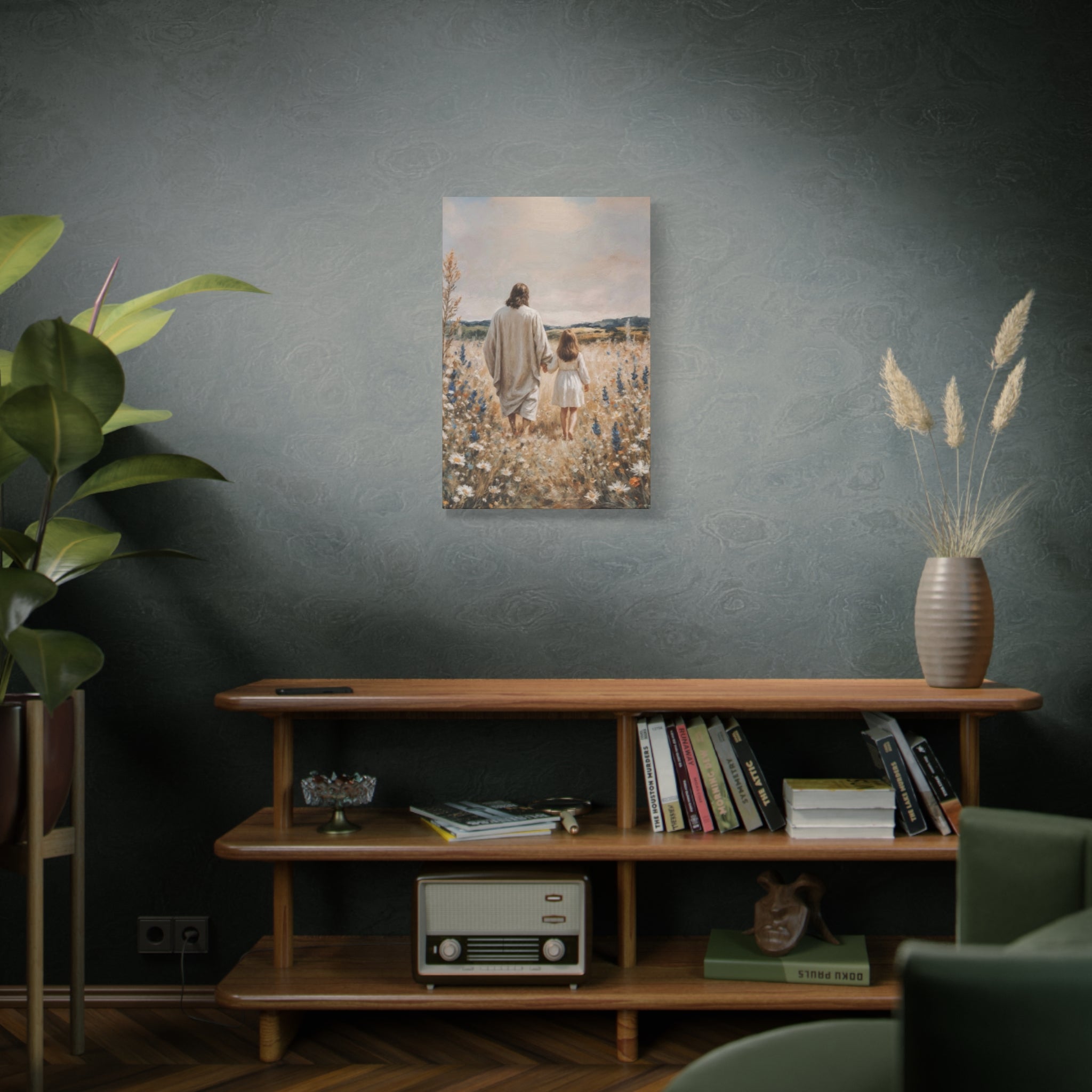 Jesus and Child Walking in Field Canvas Art - Religious Wall Decor