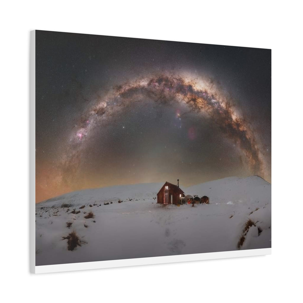 Milky Way Over Snowy Cabin — Matte Stretched Canvas Wall Art