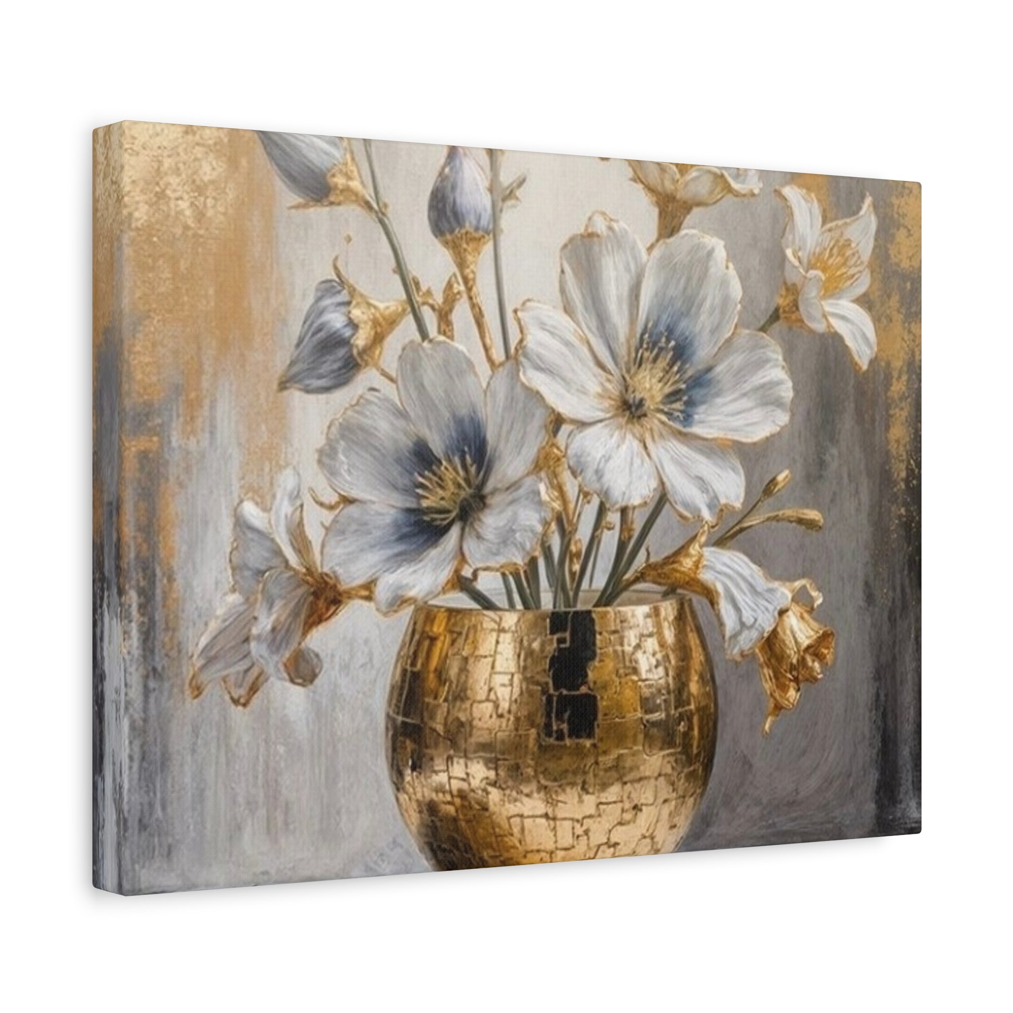 Floral Gold Vase Canvas Print — Elegant White & Blue Flower Wall Art