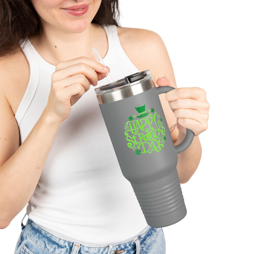 St. Patrick's Day 40oz Insulated Travel Mug — 'Happy St. Patrick's Day' Neon Green Design