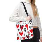 Heart Pattern Tote Bag — Red & Black Doodle Hearts All-Over Print