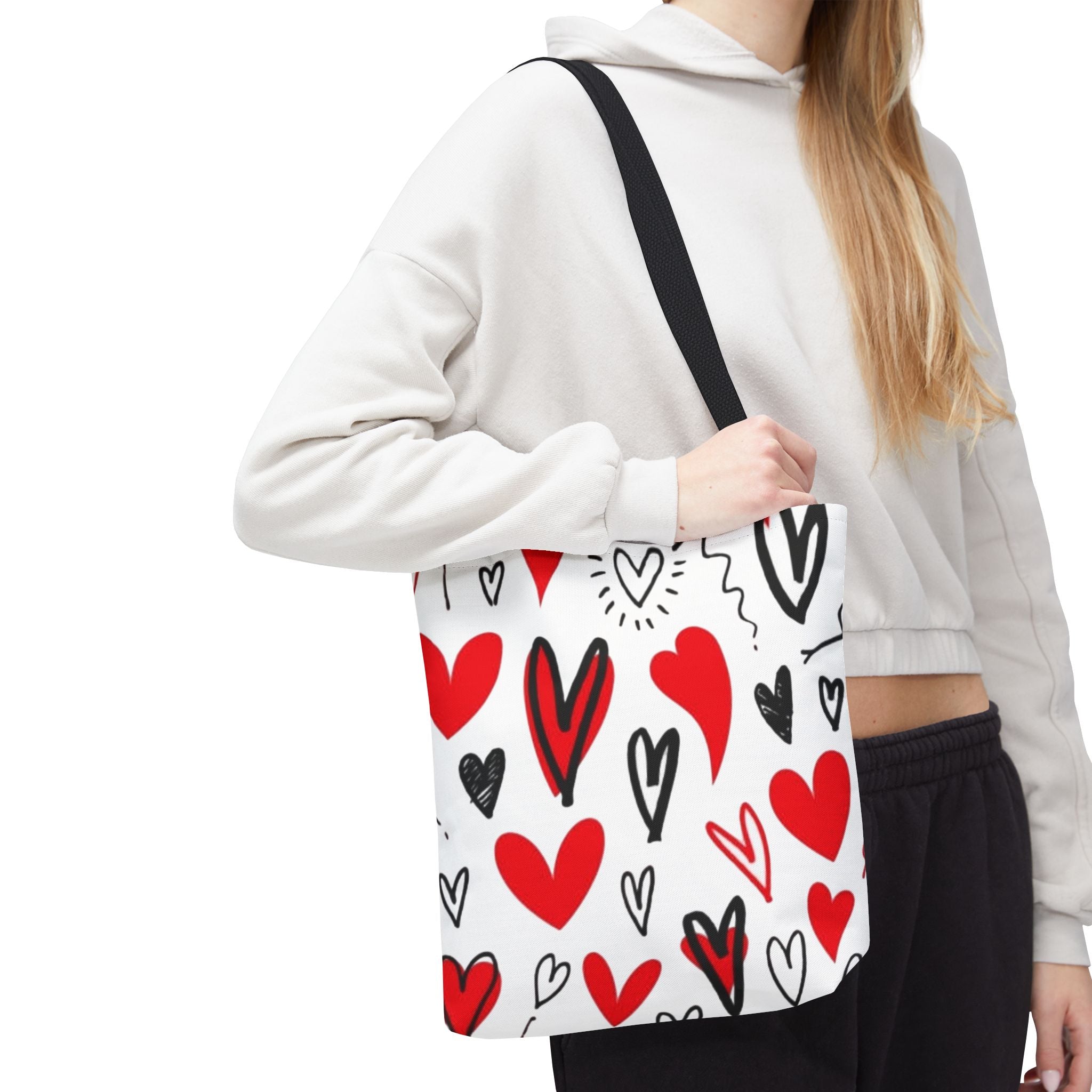 Heart Pattern Tote Bag — Red & Black Doodle Hearts All-Over Print