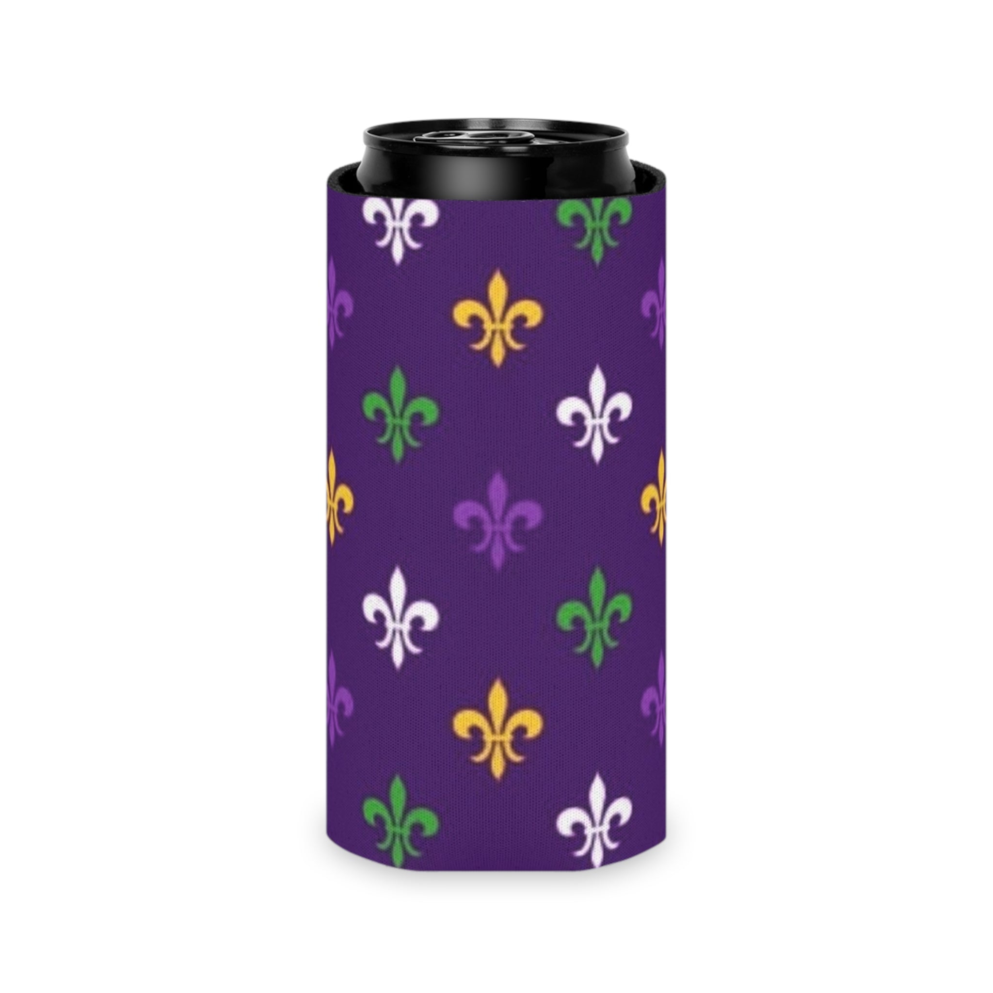 Mardi Gras Fleur-de-Lis Can Cooler – Purple, Green & Gold Party Koozie