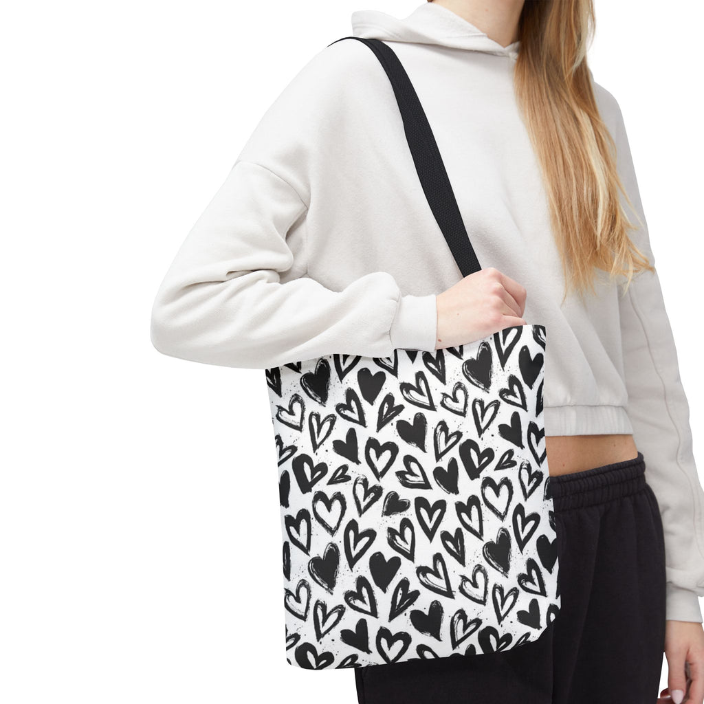 Heart Pattern Tote Bag — Black & White Hand-Drawn Hearts All-Over Print