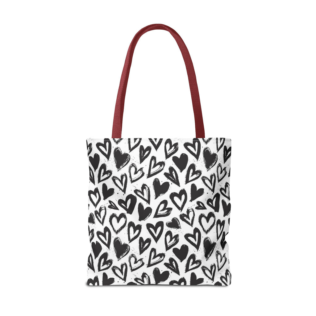 Heart Pattern Tote Bag — Black & White Hand-Drawn Hearts All-Over Print