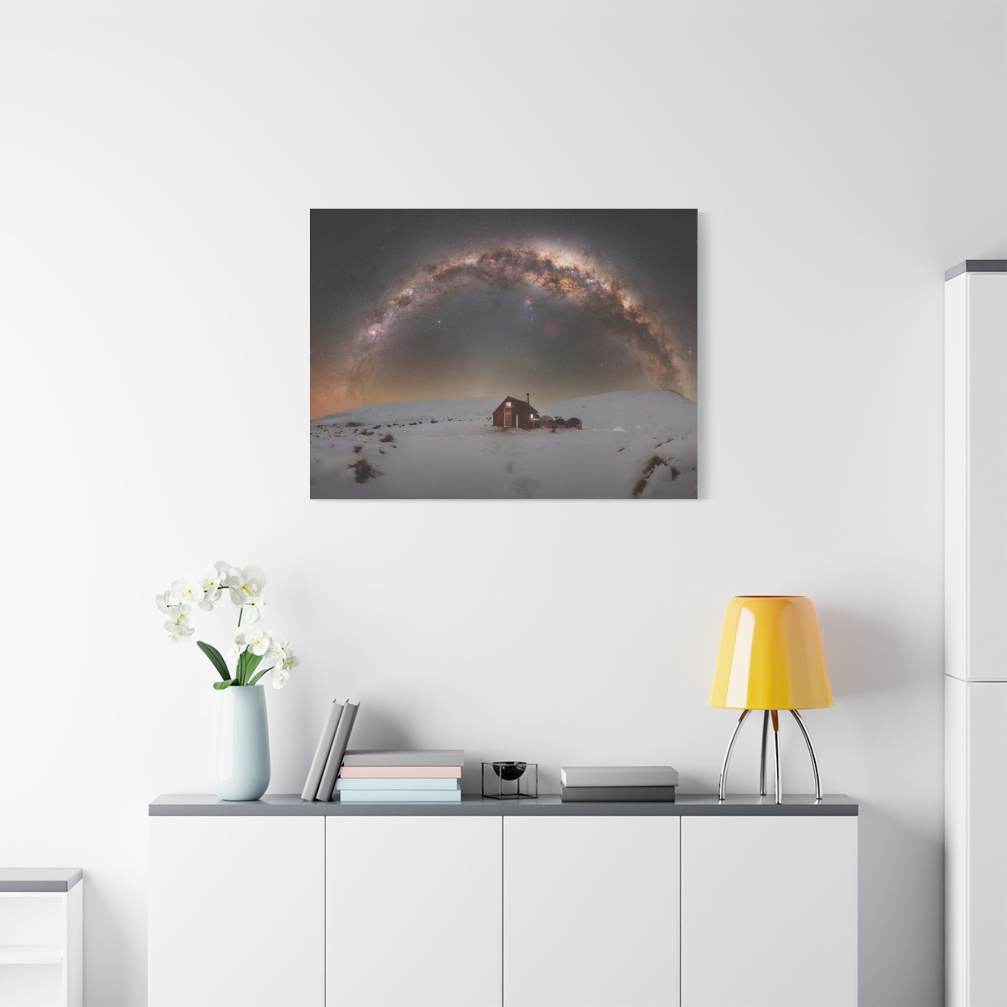 Milky Way Over Snowy Cabin — Matte Stretched Canvas Wall Art