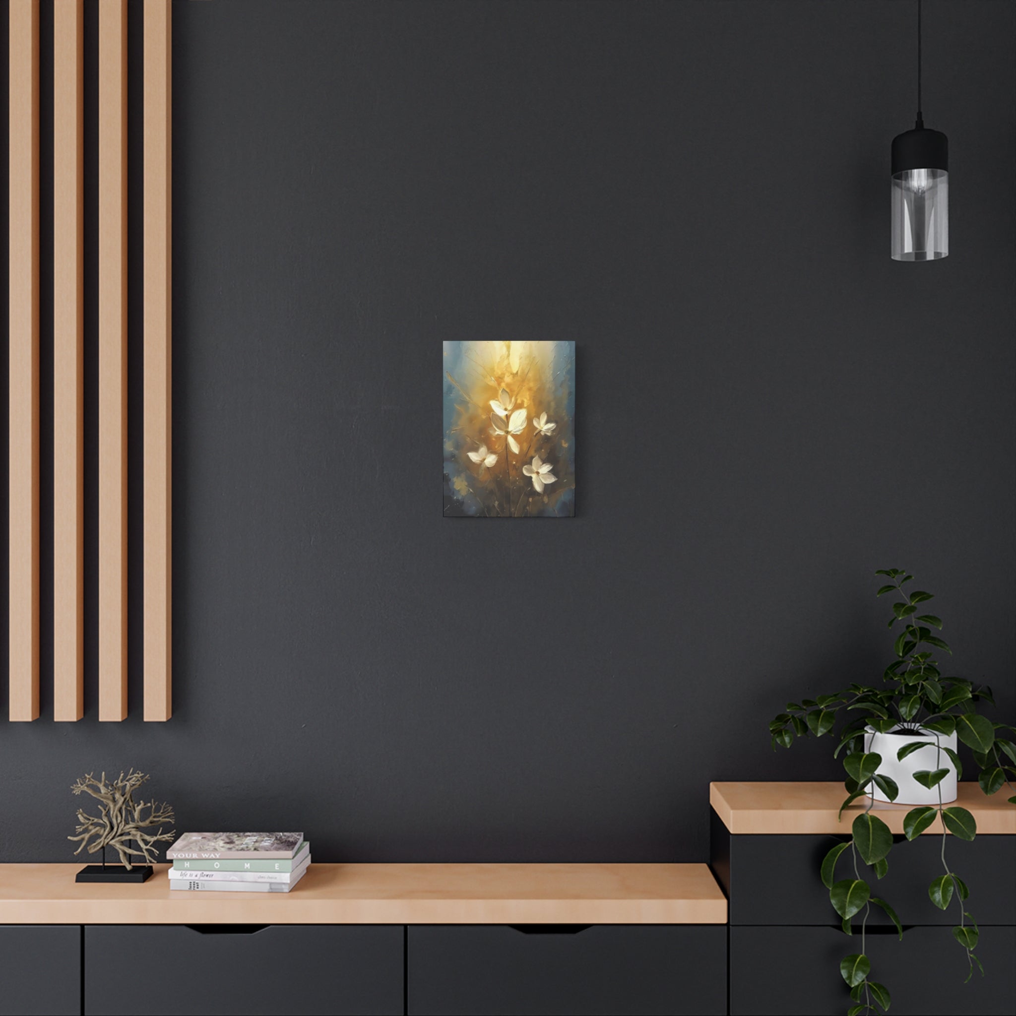 Golden Floral Canvas Print – Abstract White Flowers on Matte Stretched Canvas