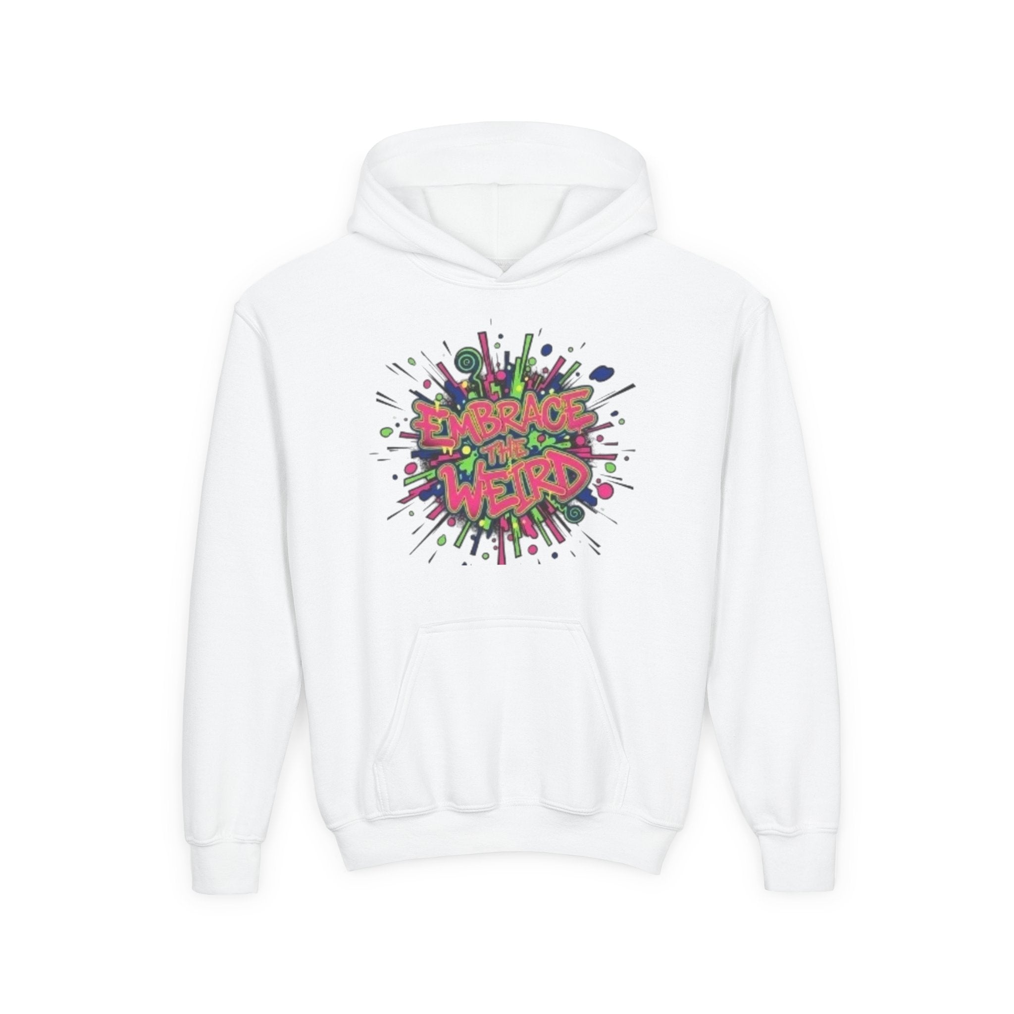 Youth Hoodie — "Embrace the Weird" Colorful Graffiti Graphic