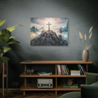 Cross on Mountain Matte Canvas Wall Art — Christian Inspirational Landscape