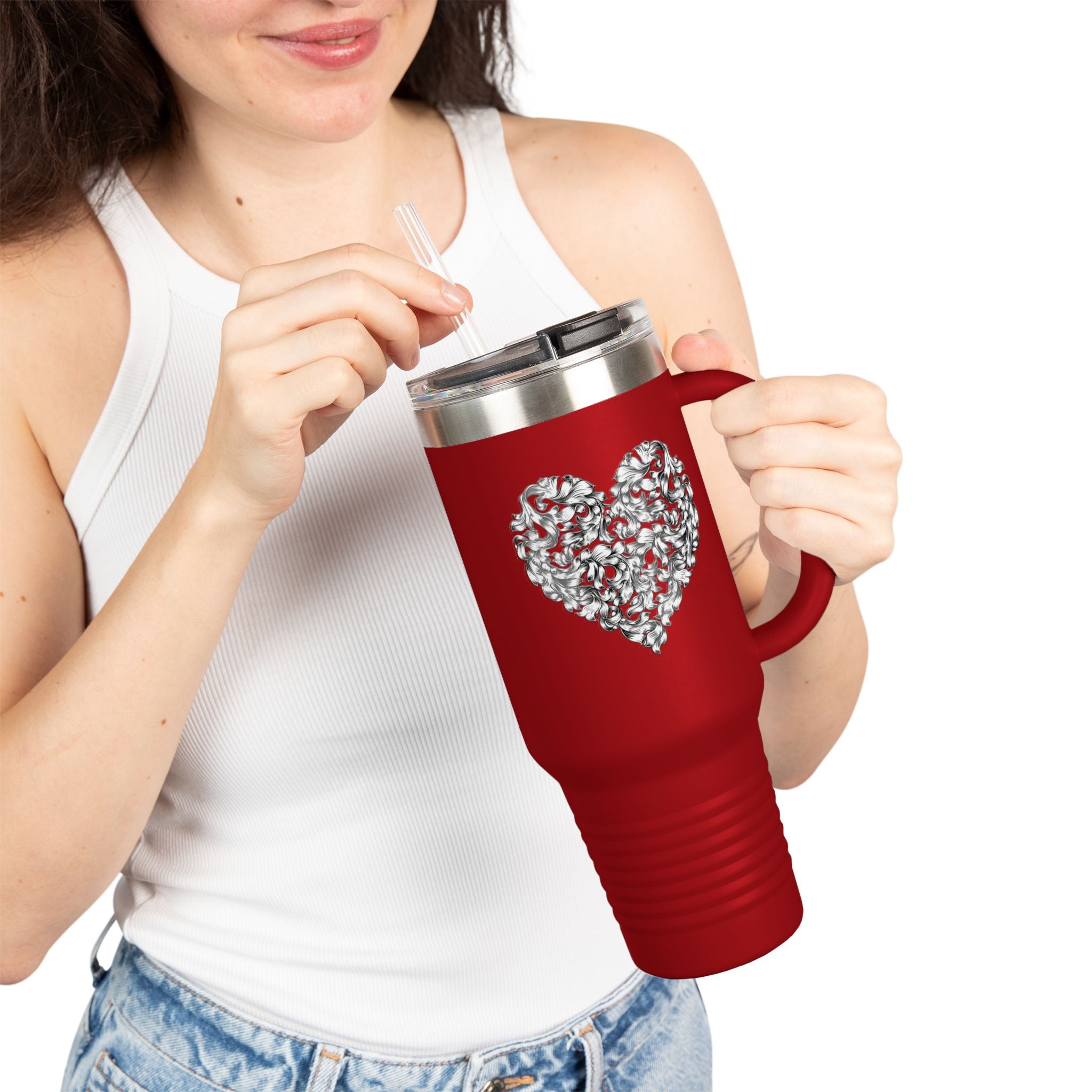 40oz Insulated Travel Mug — Silver Doodle Heart Design