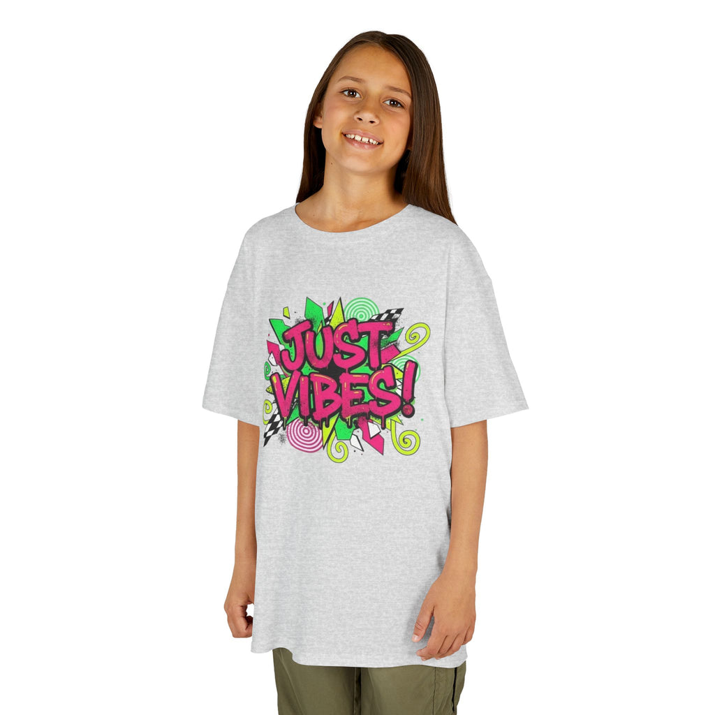 Kids T‑Shirt — "Just Vibes" Neon Graffiti Graphic Tee for Playful, Trendy Kids