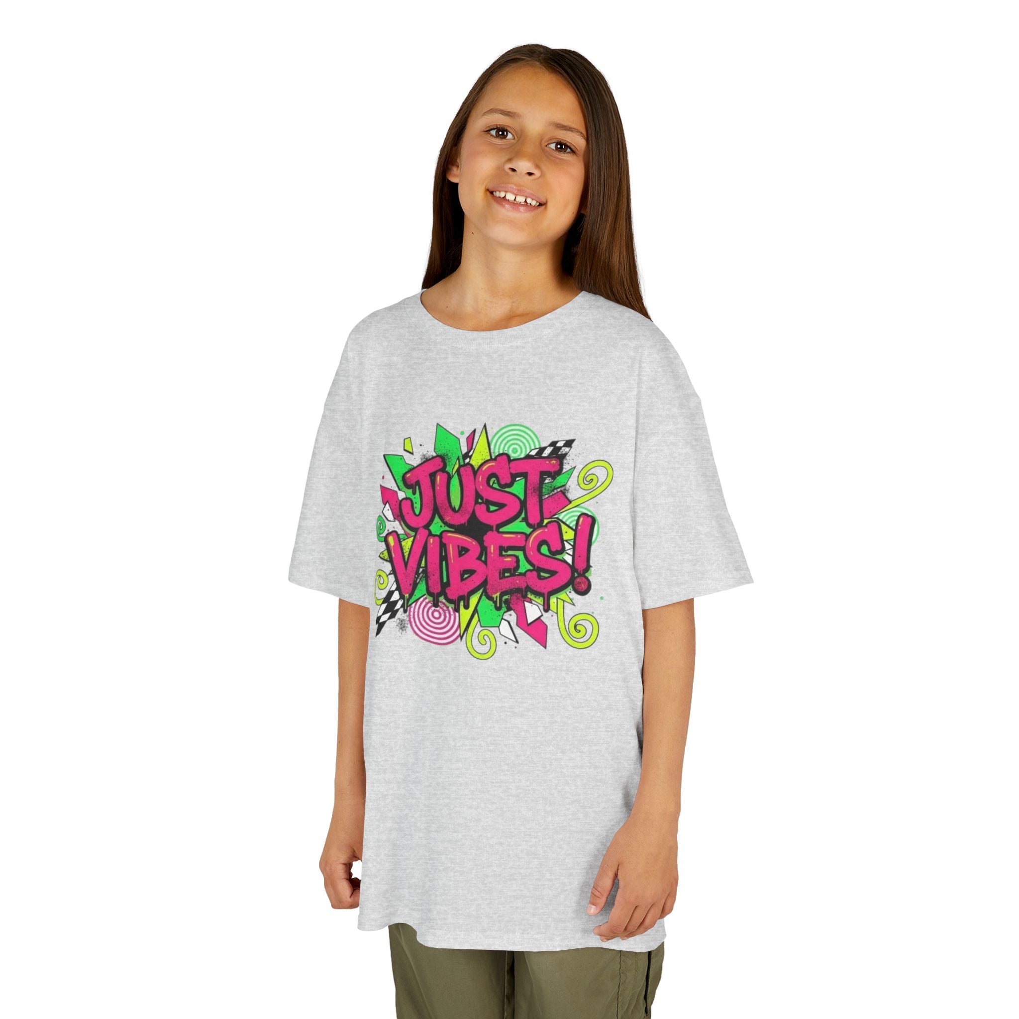 Kids T‑Shirt — "Just Vibes" Neon Graffiti Graphic Tee for Playful, Trendy Kids