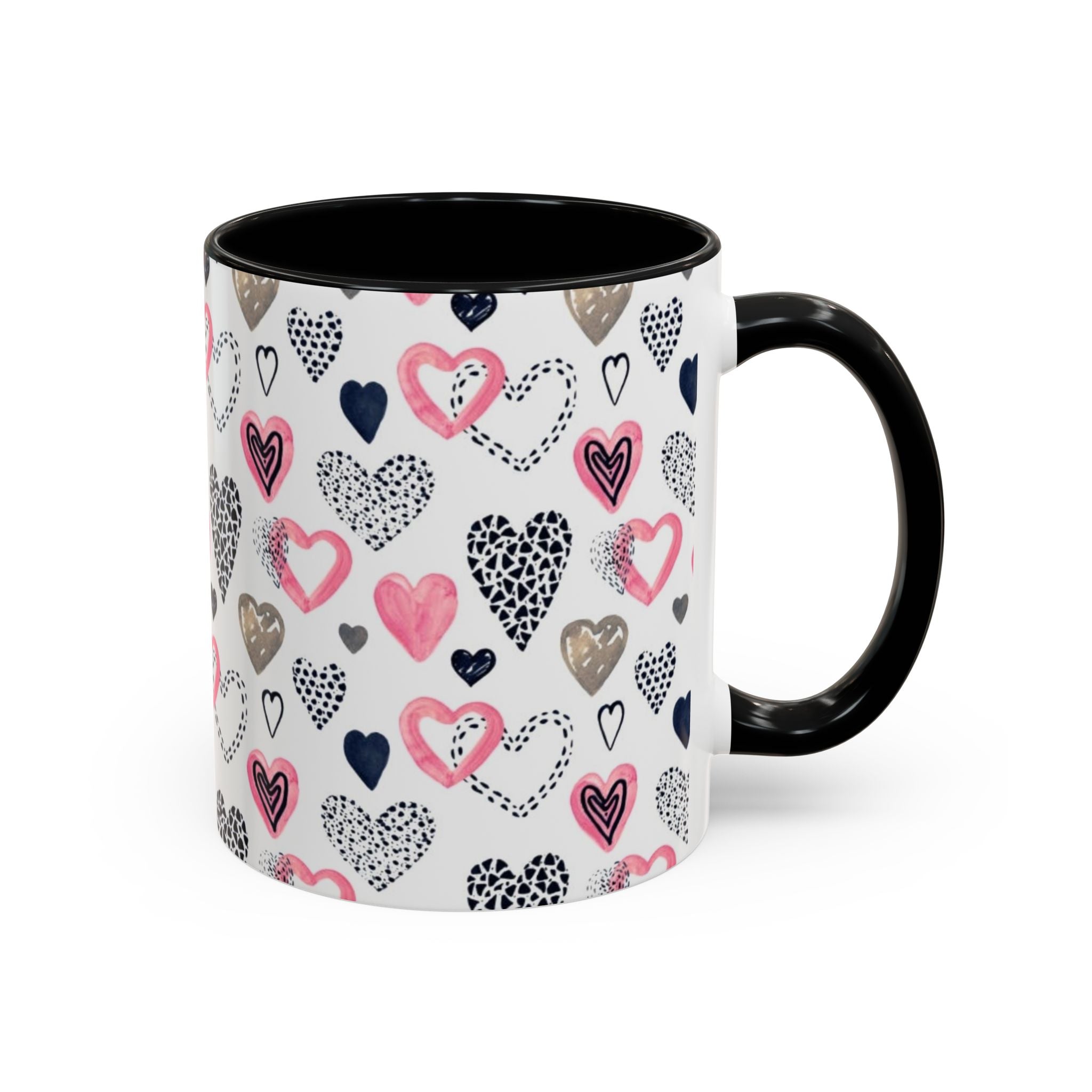 Heart Pattern Accent Coffee Mug — Pink & Navy Love Design (11/15 oz)