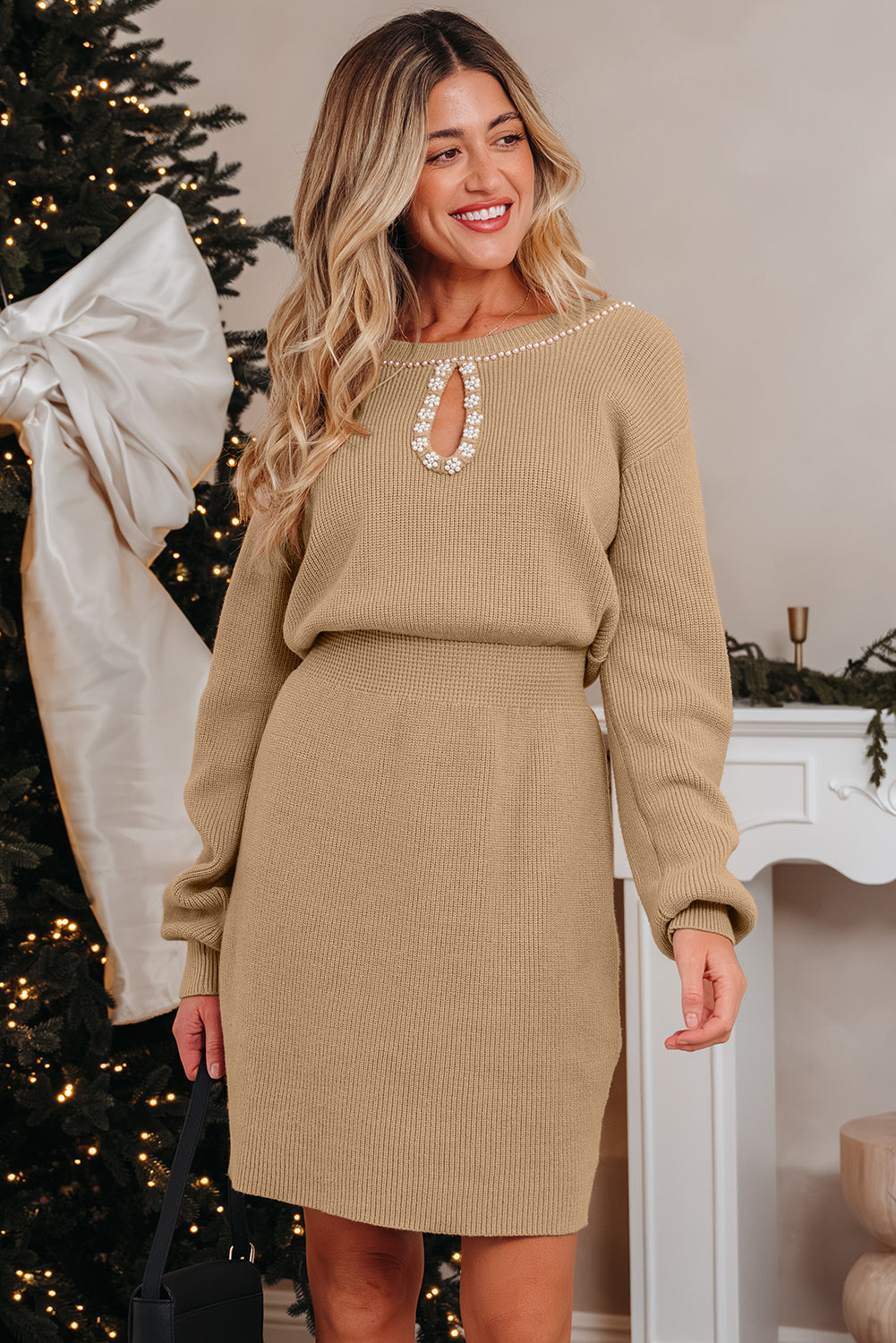 Embellished Keyhole Ribbed Sweater Dress
